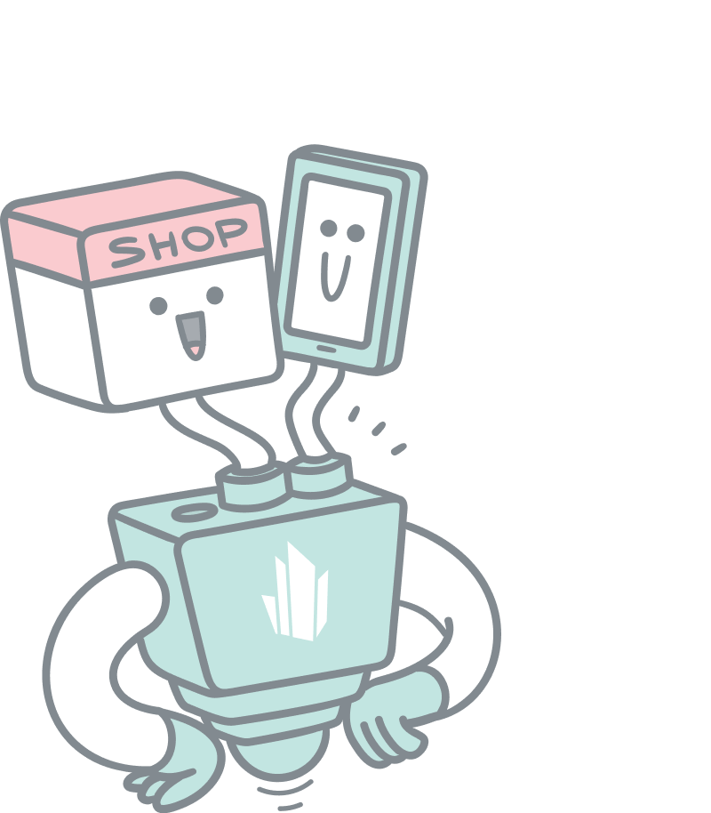 Headless CMS illustration. A robot with two heads, one in the shape of a mobile phone and the other as a webshop. 