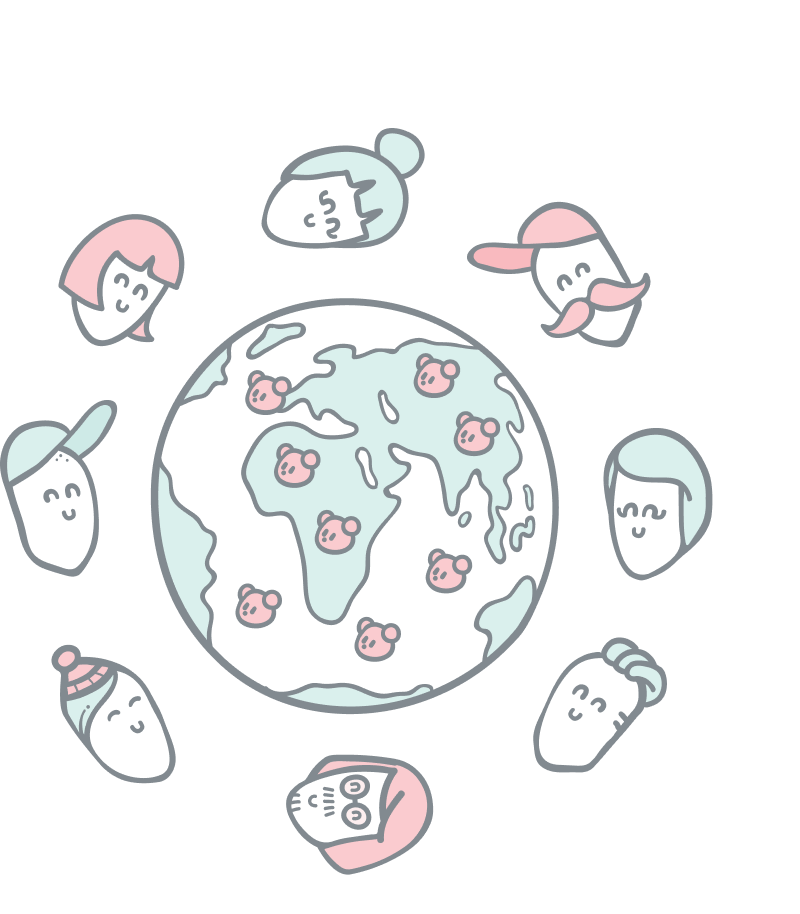 Multilingual content illustration. Floating heads around an illustration of the earth.