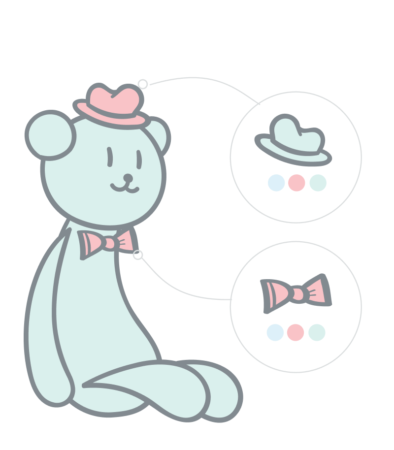 Semantic relations illustration. Teddybear with bowtie and hat displayed as related products to the teddybear.