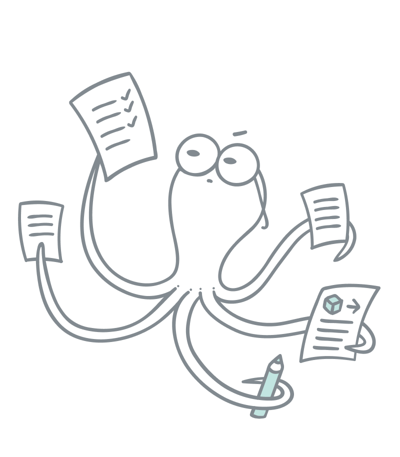 Rich text illustration. An octopus holding different documents in each tentacle