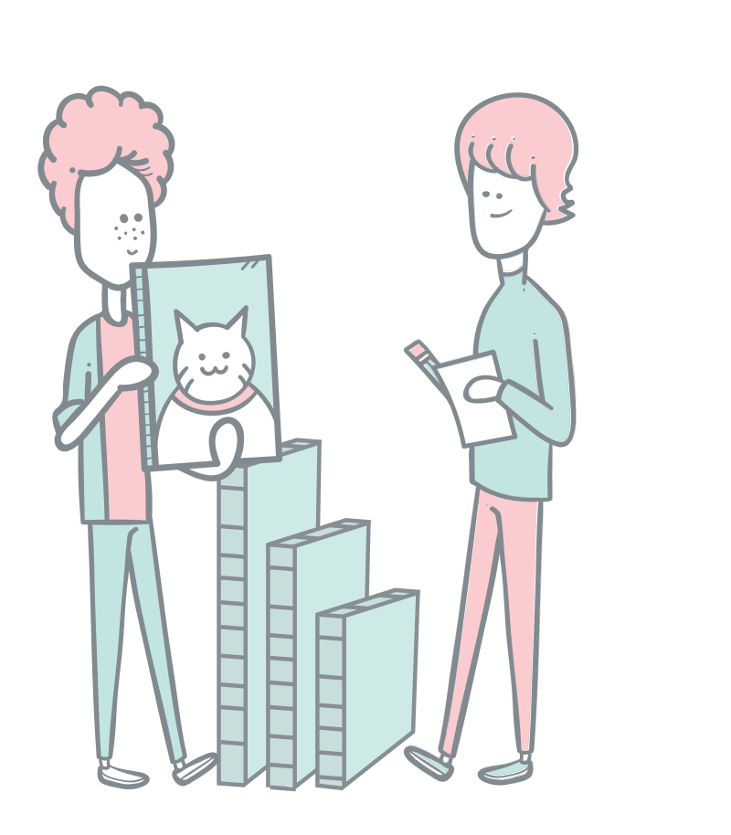 Images illustration. A guy holding up and showing a size variant of a cat photo to another guy.