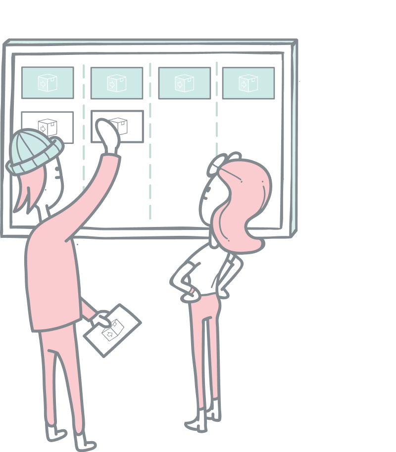 Fulfilment pipelines illustration. A guy and a girl looking at a big touch screen moving digital cards around.