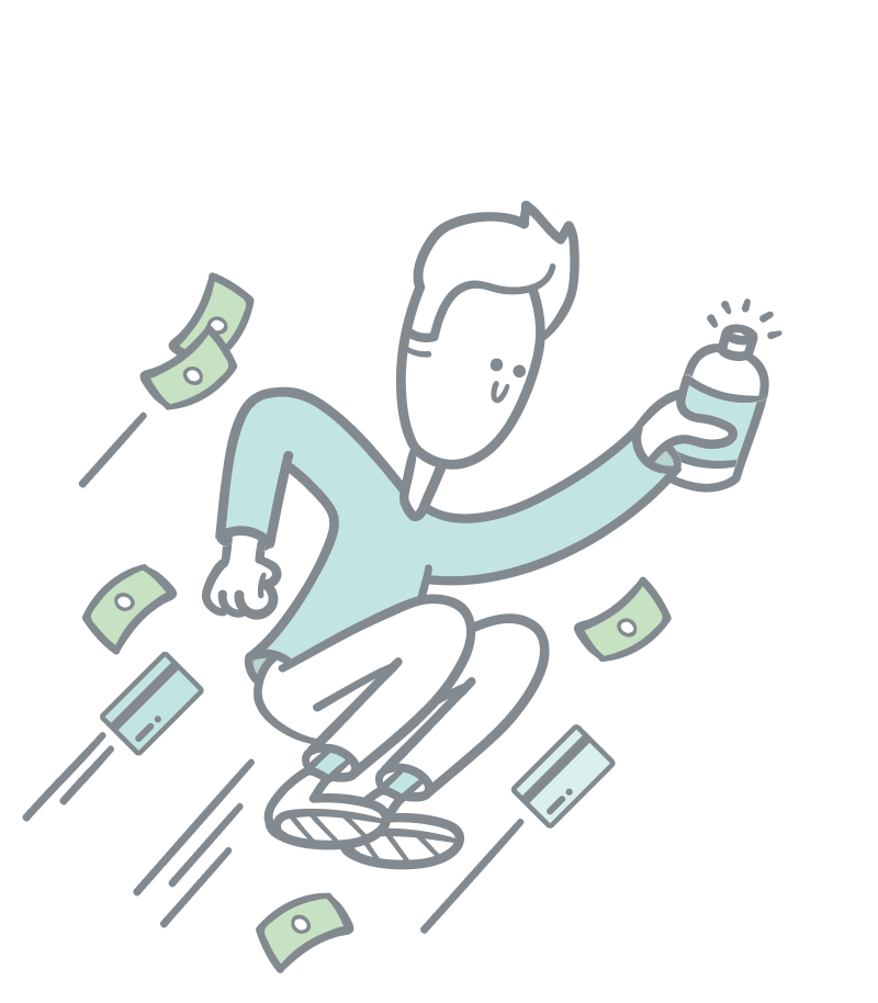 Payment and checkout illustration. Guy jumping holding a bottle while money surrounds him.