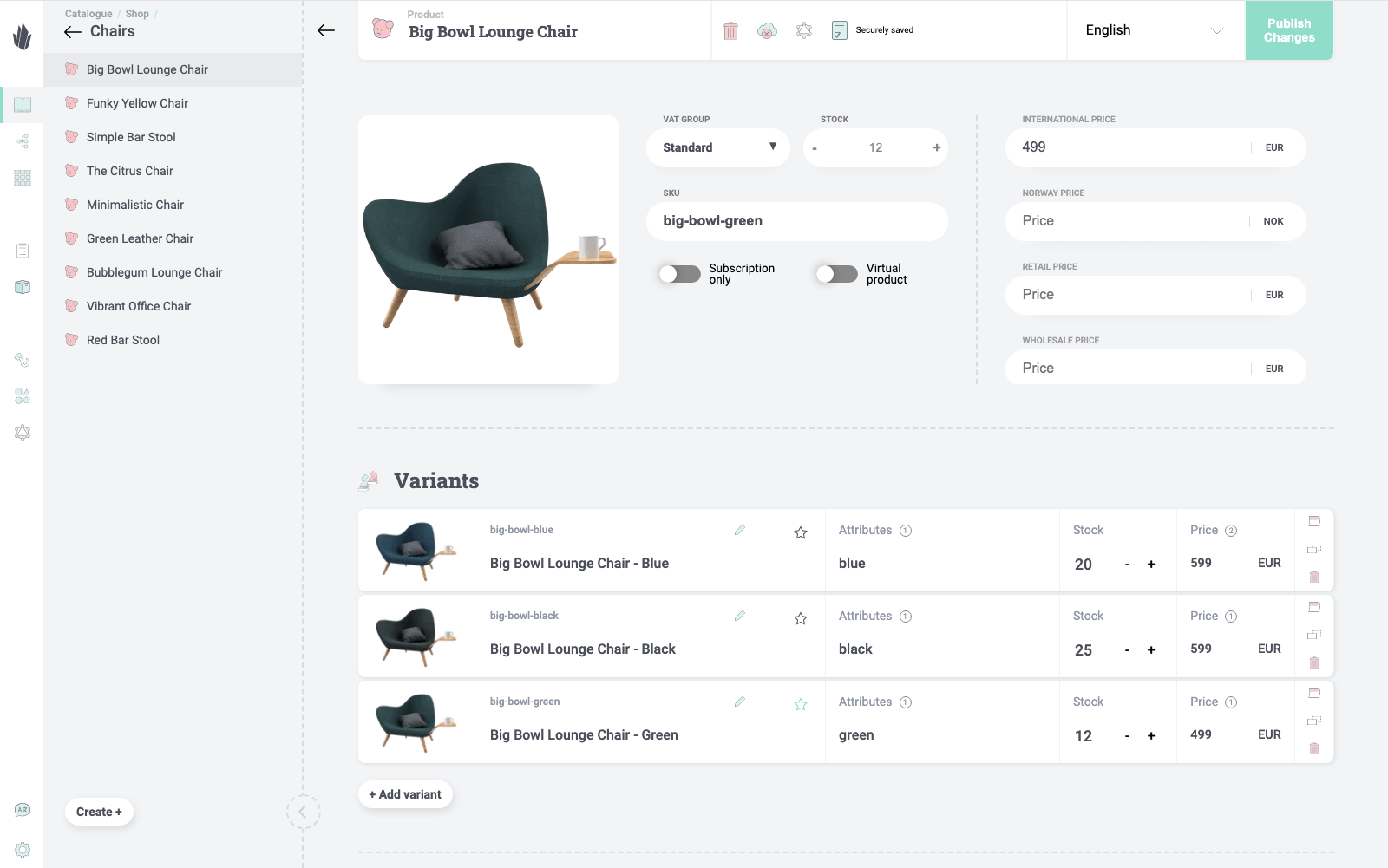 Product variants showing core product information.