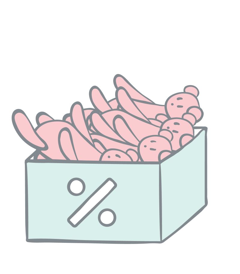 Discount illustration. Pink teddybears in a box with a percentage symbol on it illustrating that these teddybears are on sale.