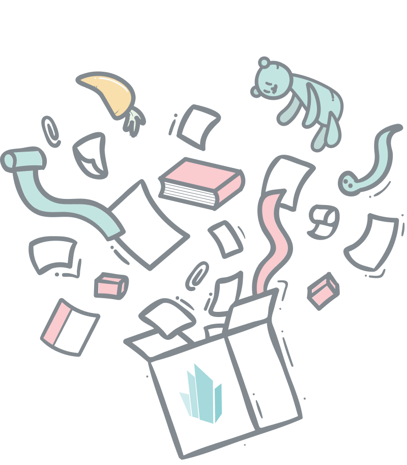 Headless ecommerce toolbox illustration. A crystallize cardboard with confetti and products exploding out