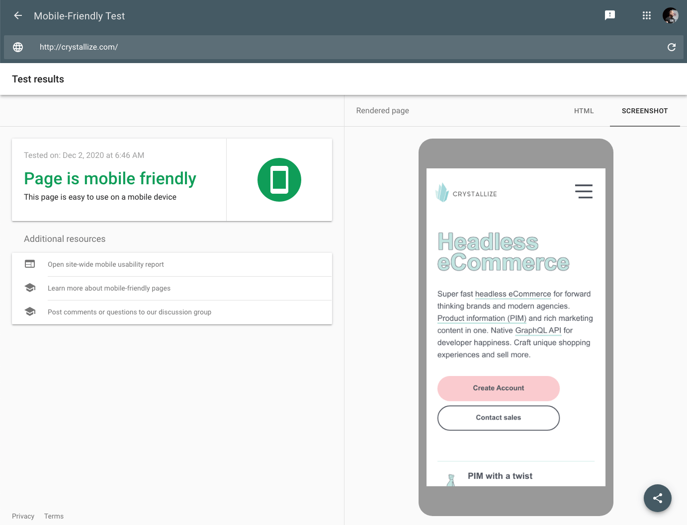 Mobile friendly test screenshot