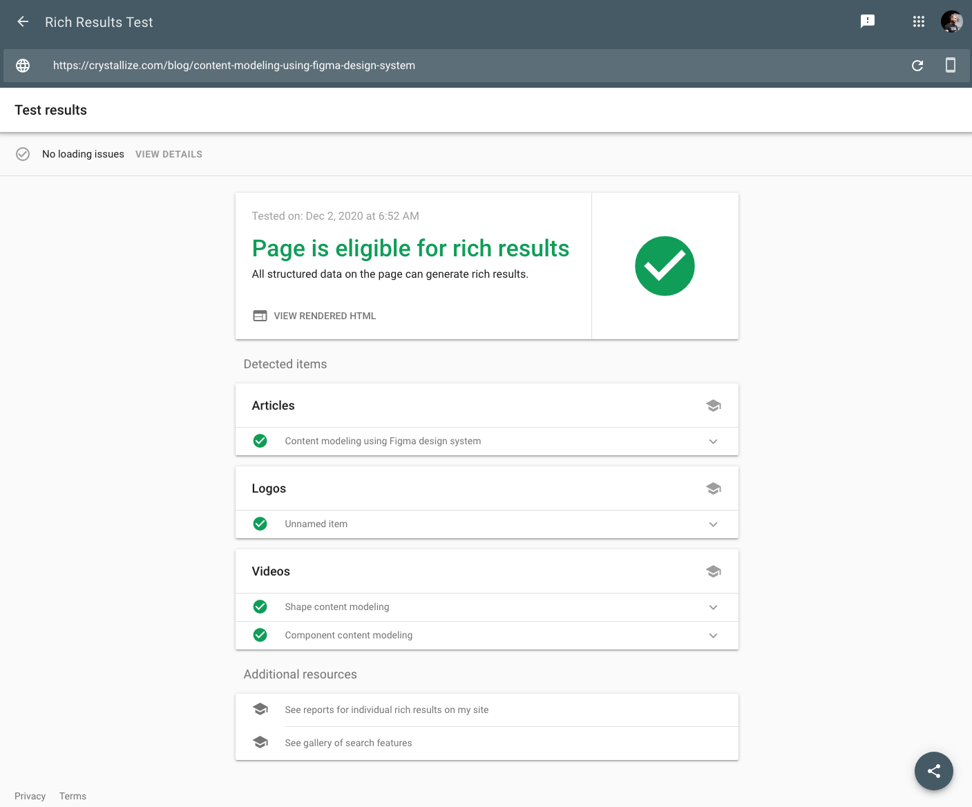 Rich results test screenshot