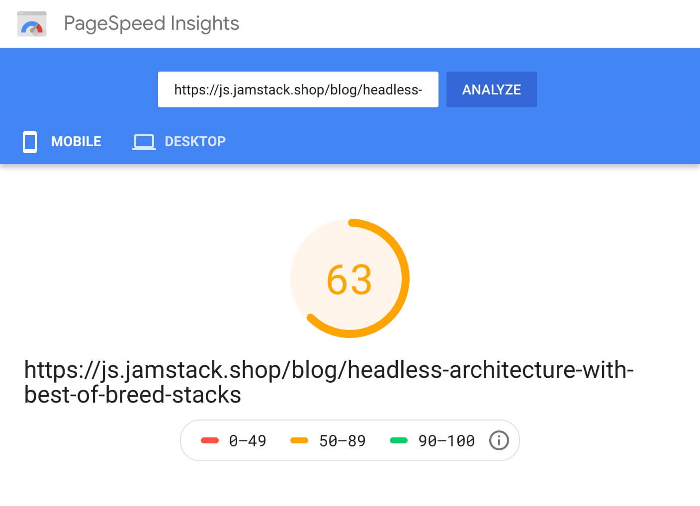 PageSpeed 63 score screenshot