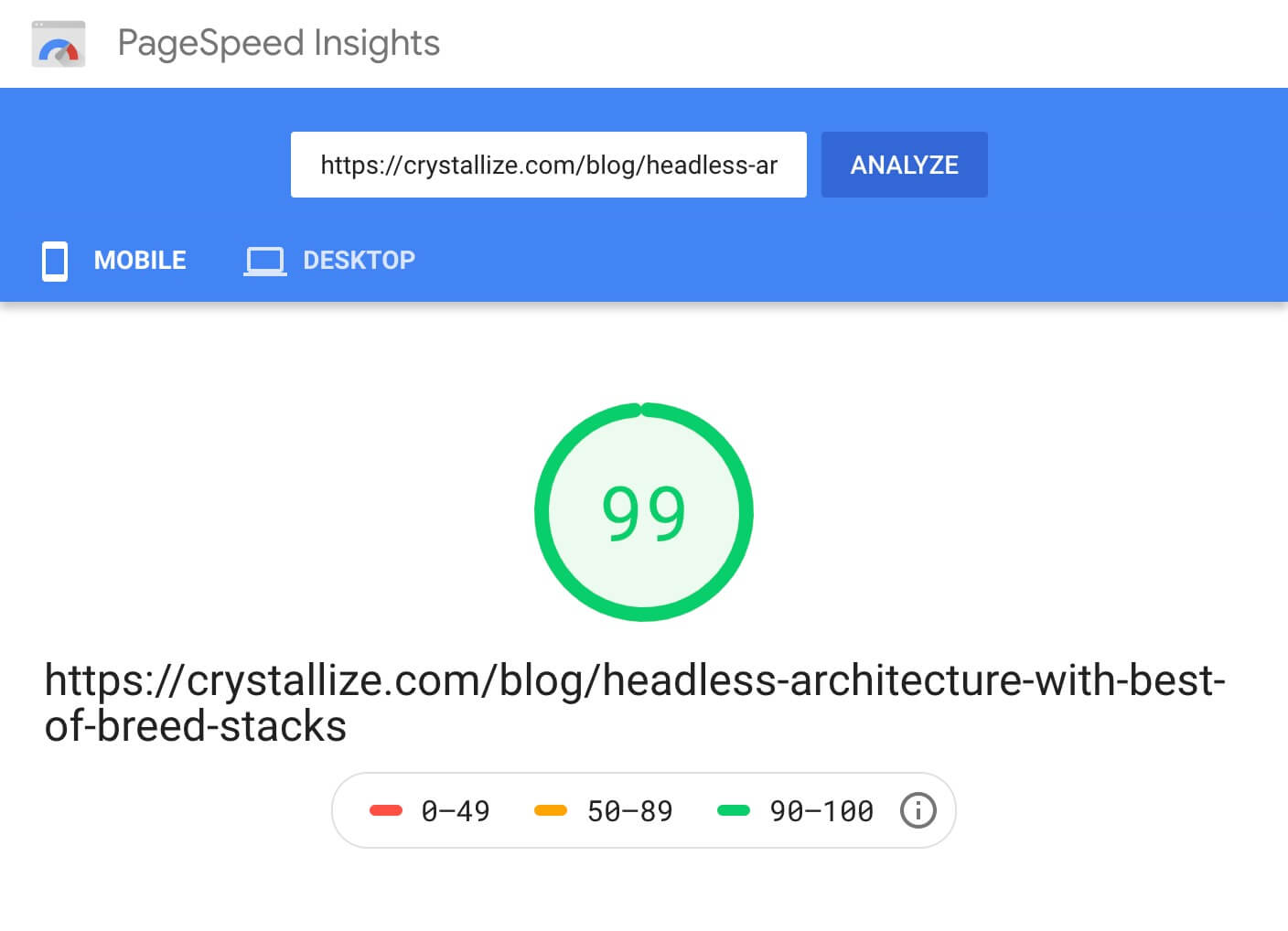 PageSpeed 99 score screenshot