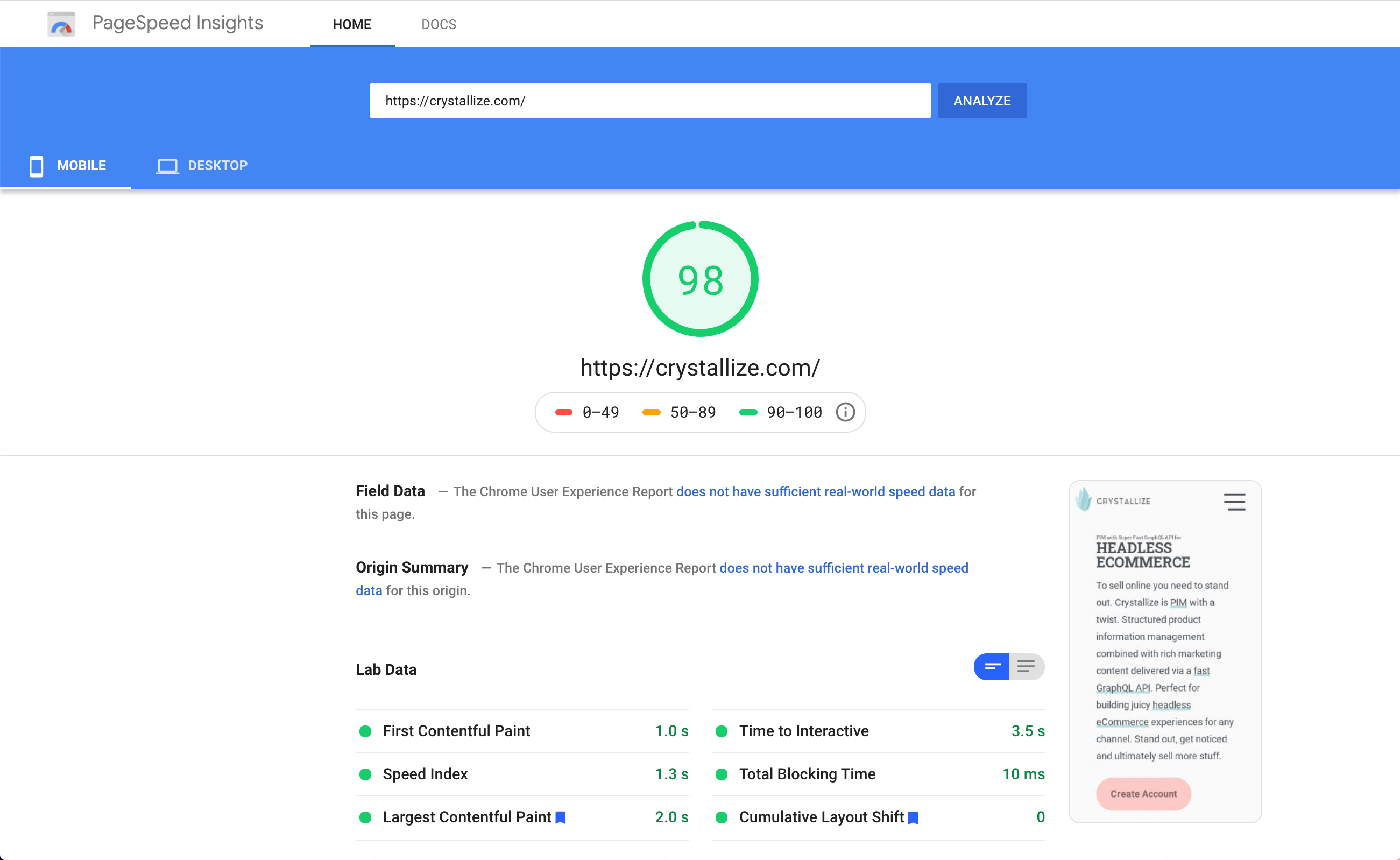 Page speed results with core web vitals