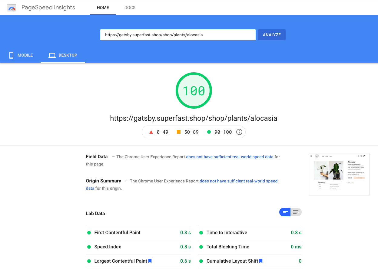 PageSpeed insight with core web vitals screenshot