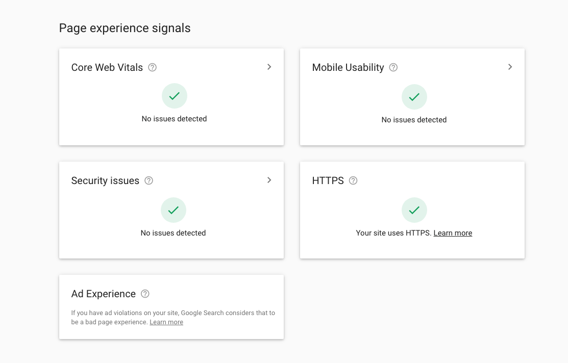 Page experience signals screenshot