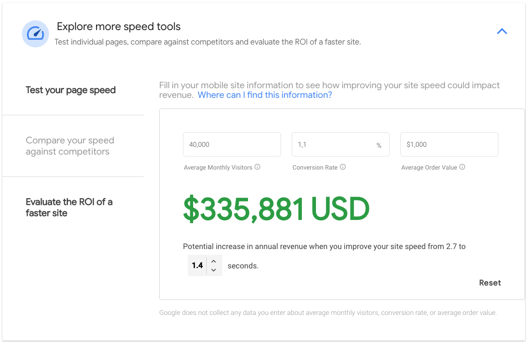 Page speed impact calculation screenshot