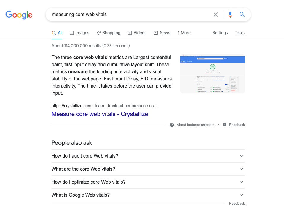Measuring core web vitals SEO results screenshot