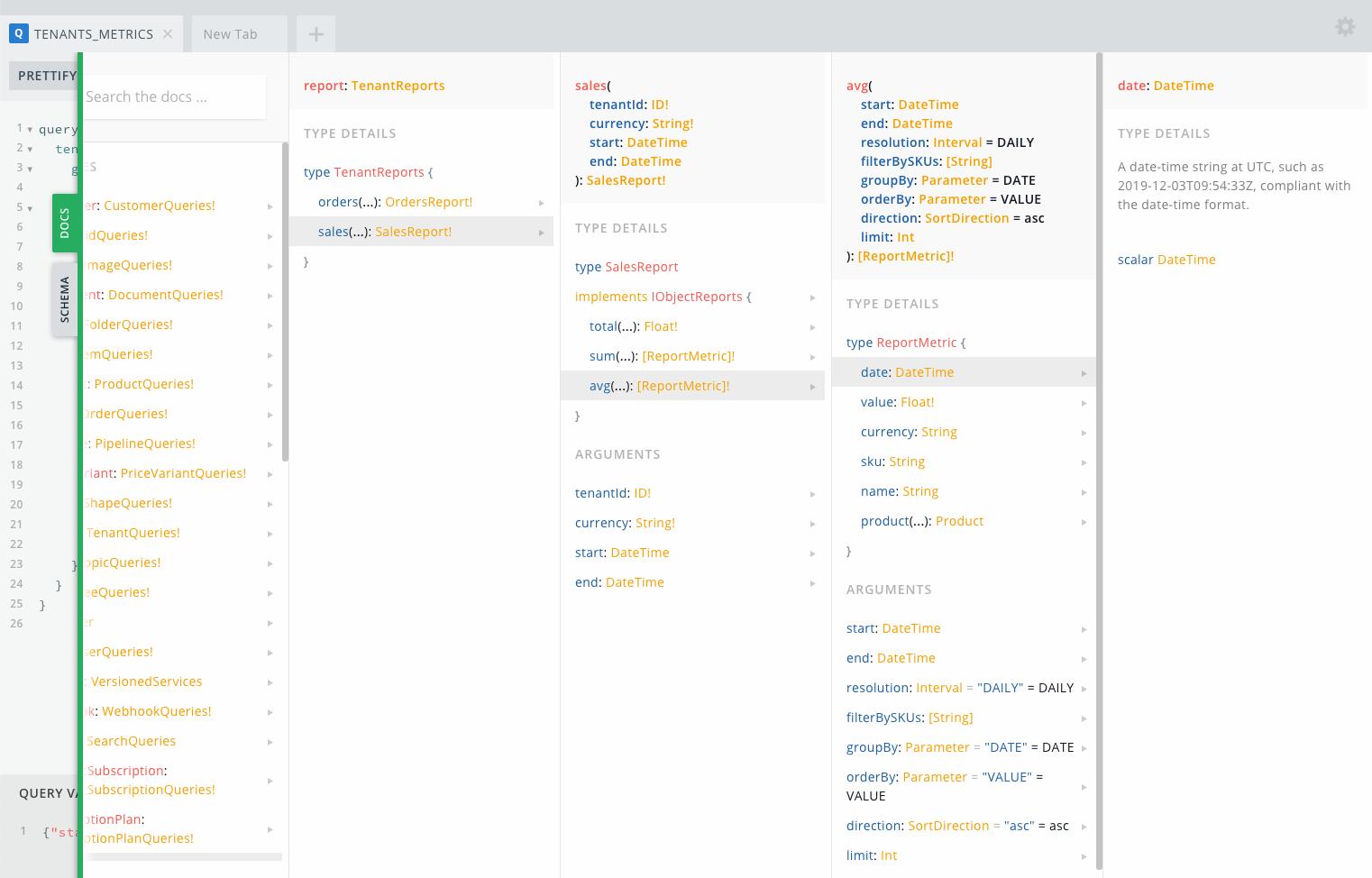 Sales reporting GraphQL API explorer