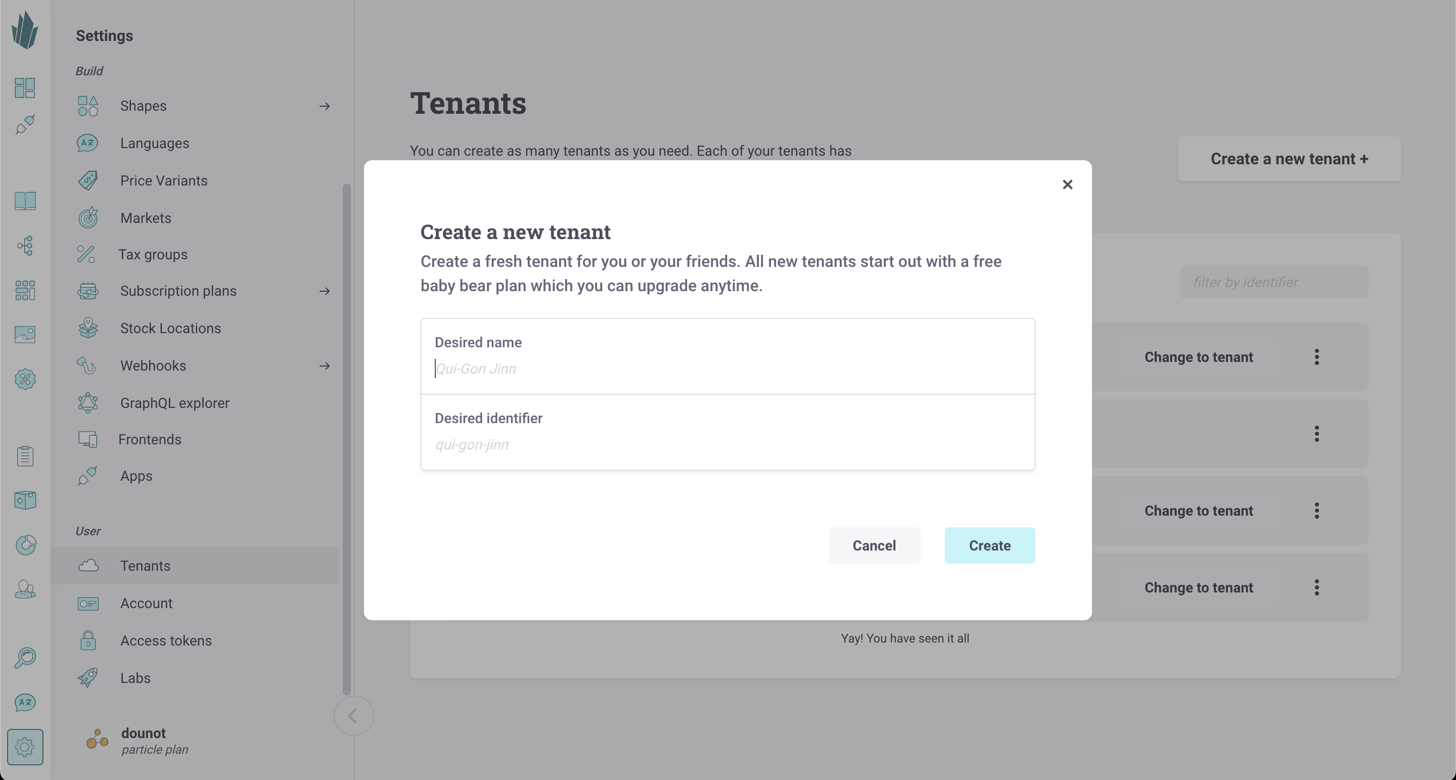 Create new tenant screen