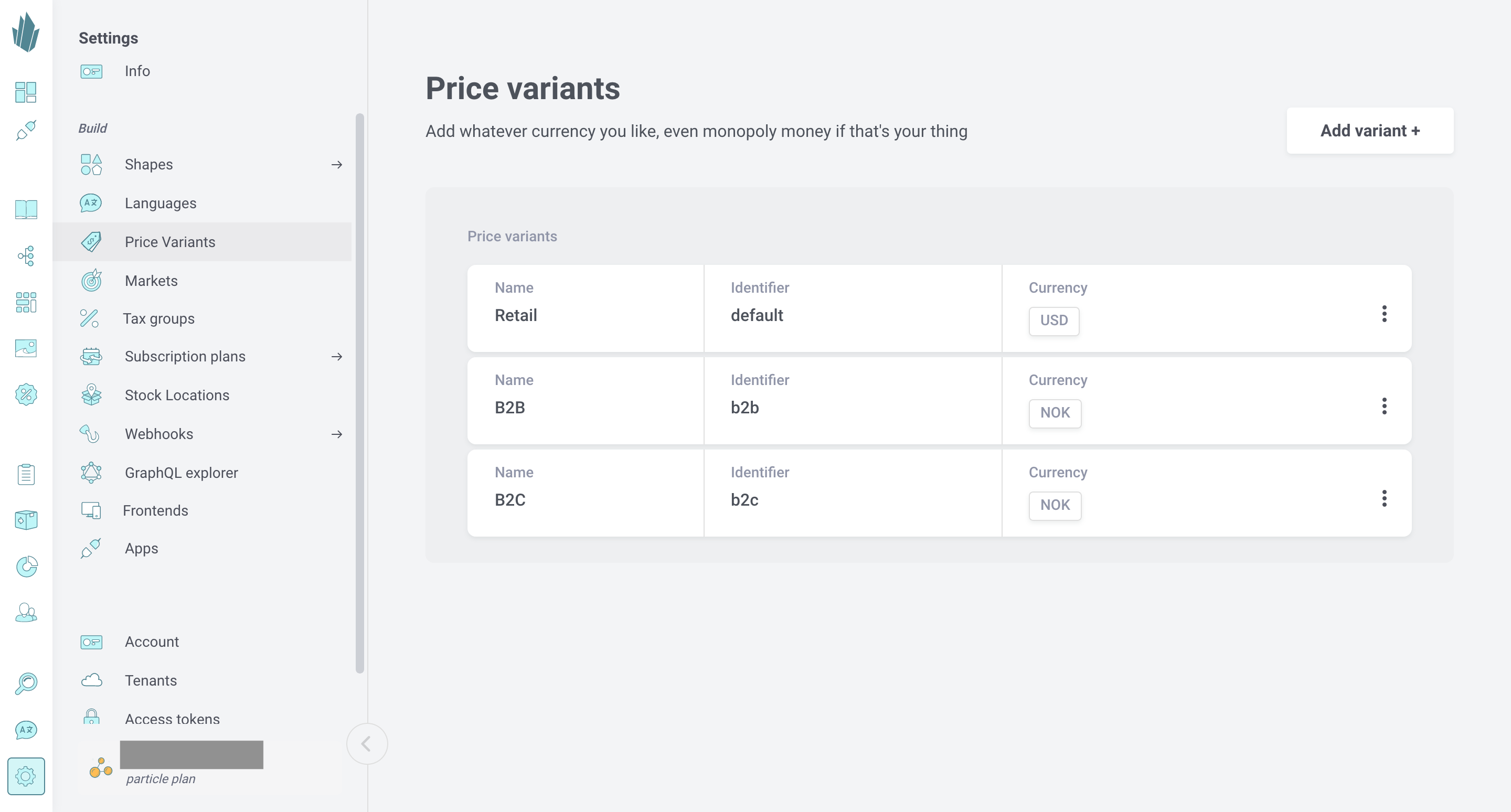 Price variants screen