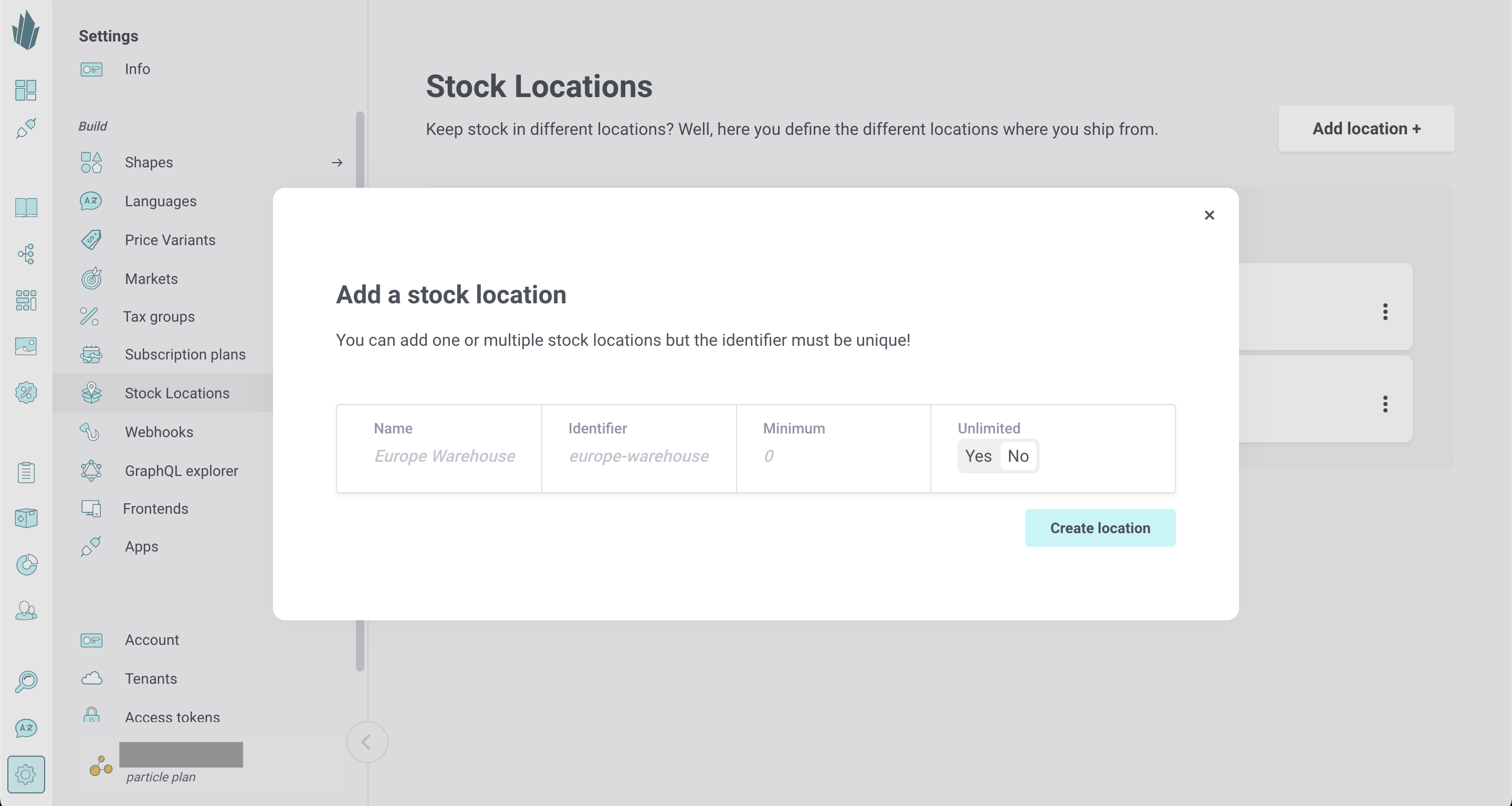 Add stock location screen