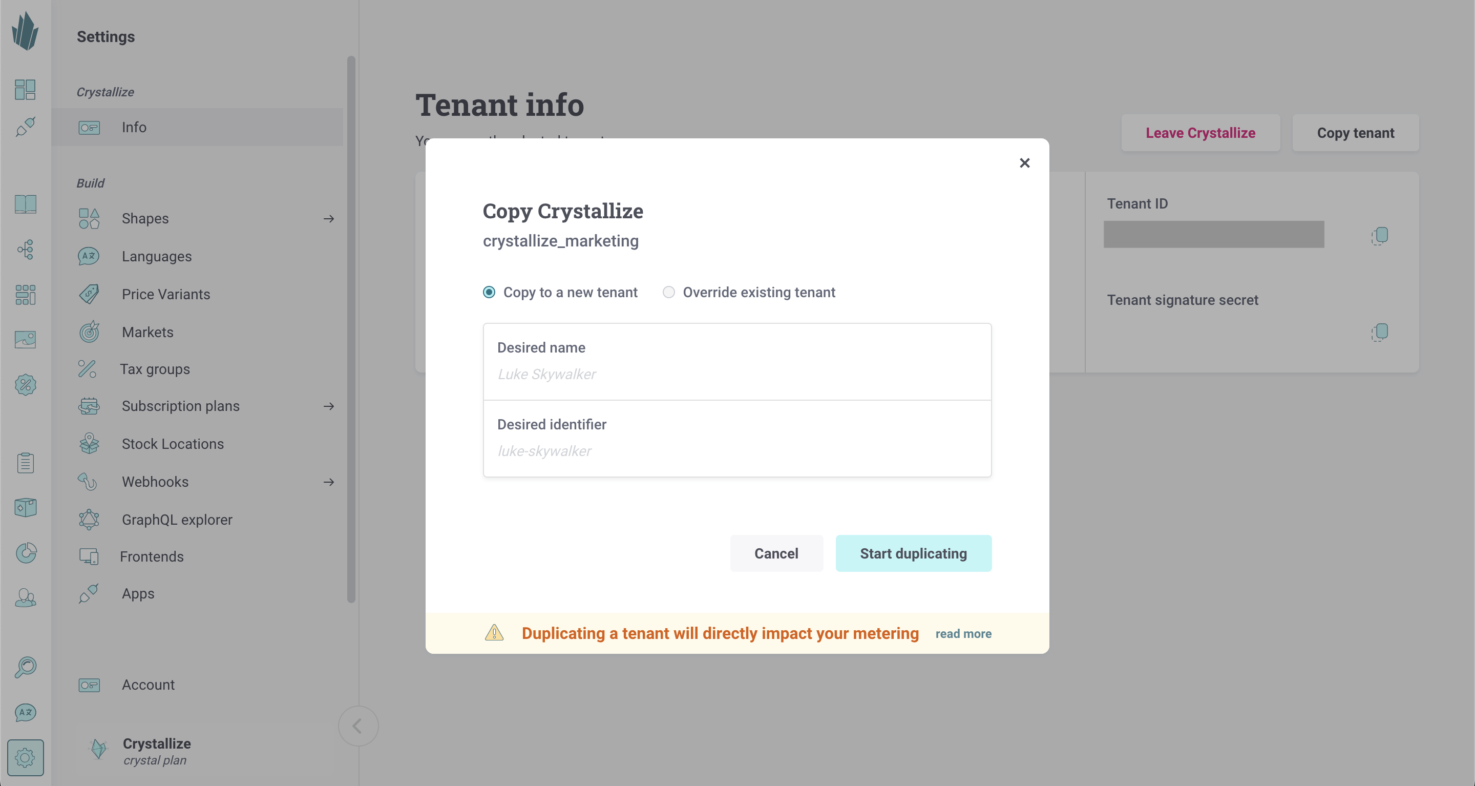 Copy tenant screen