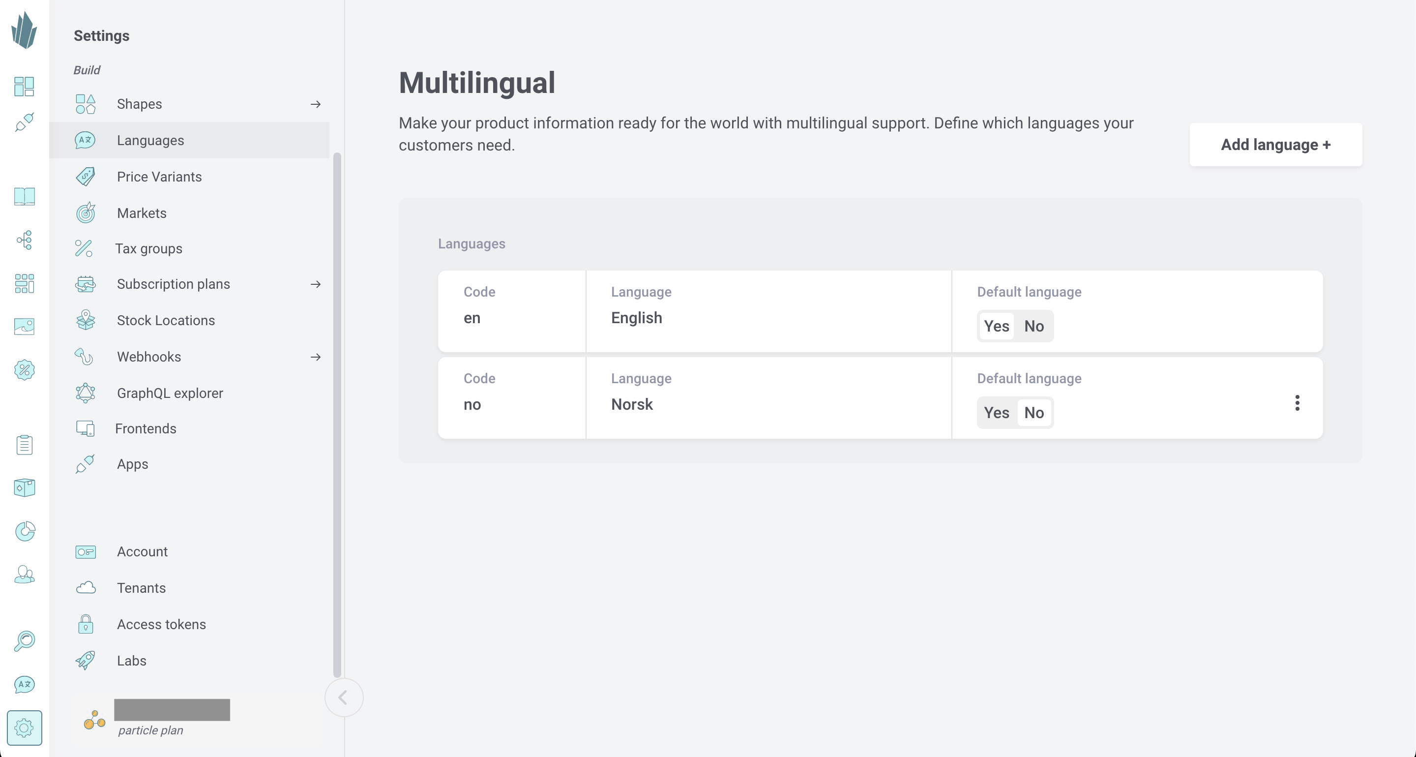 Languages main screen