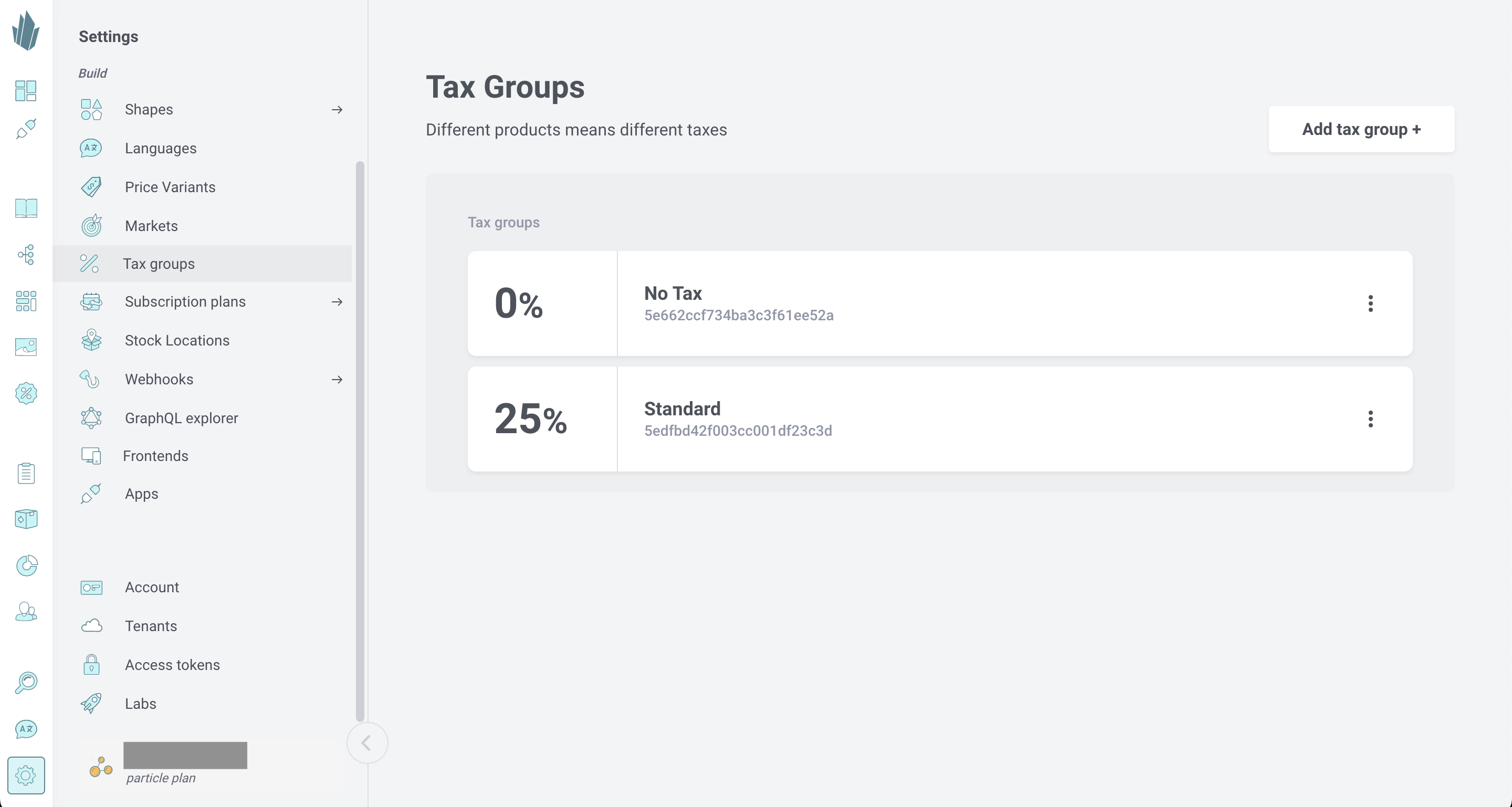 Tax groups screen