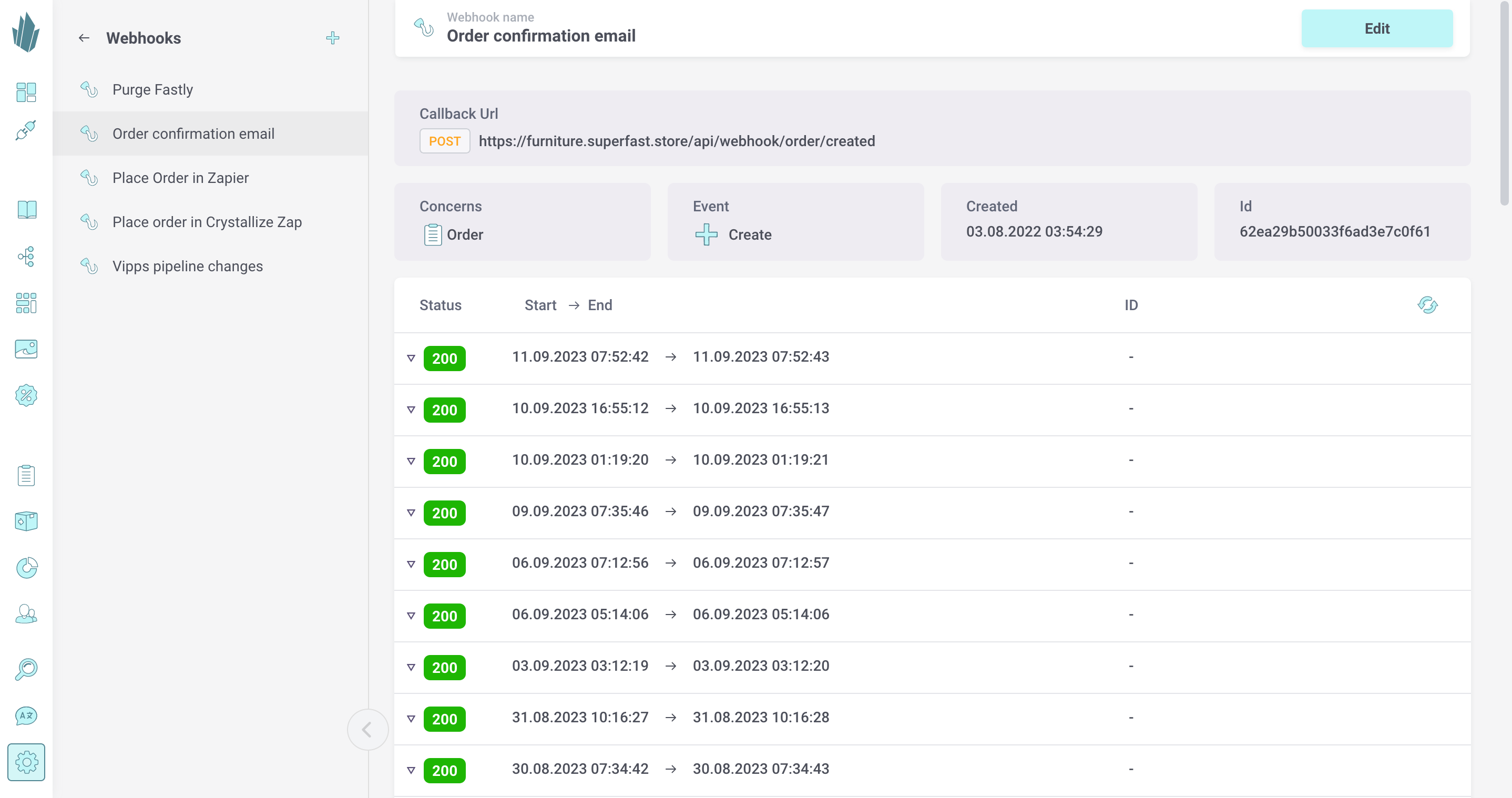 Webhook detail screen