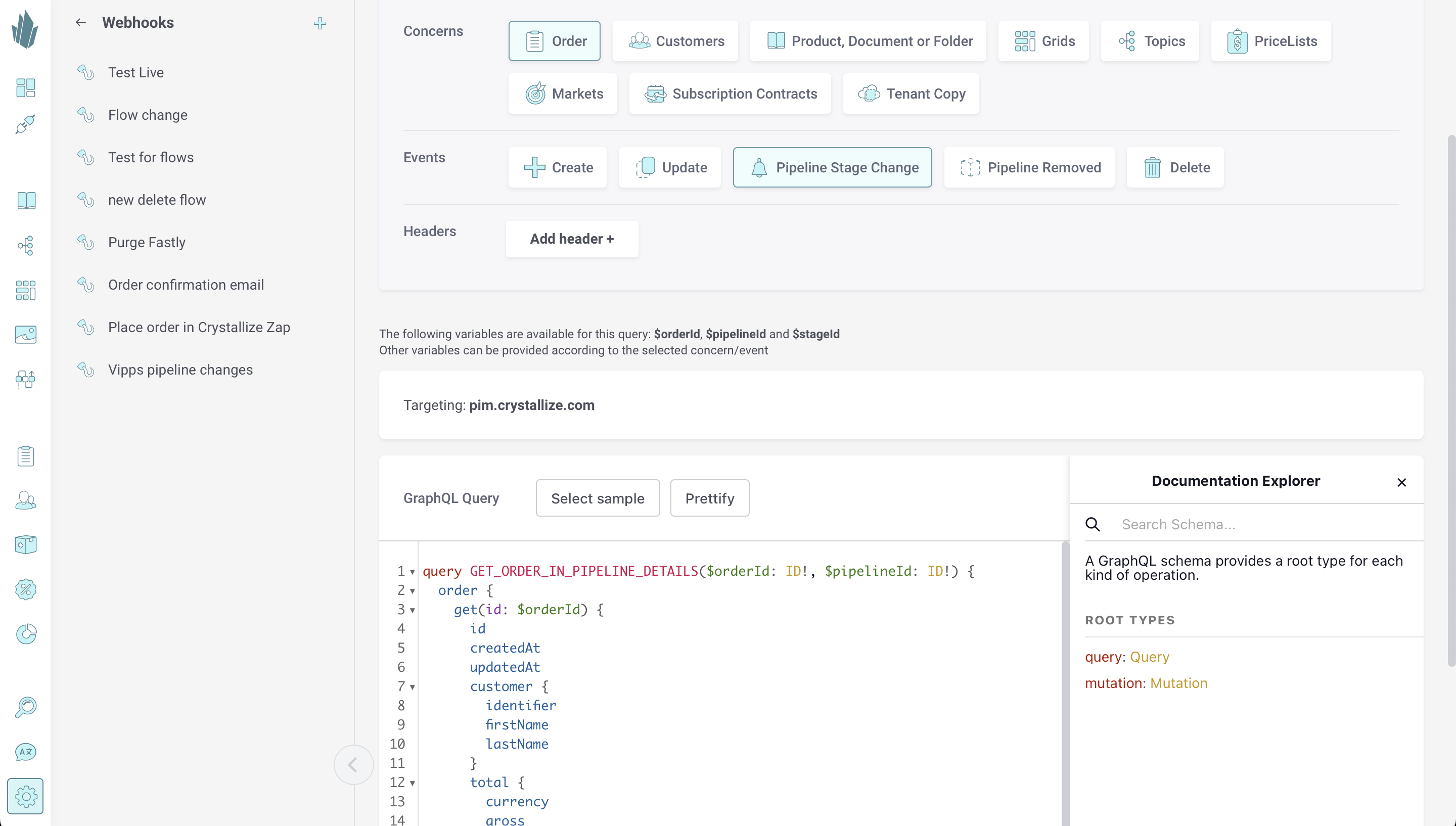 Sample query for order pipeline state change webhook