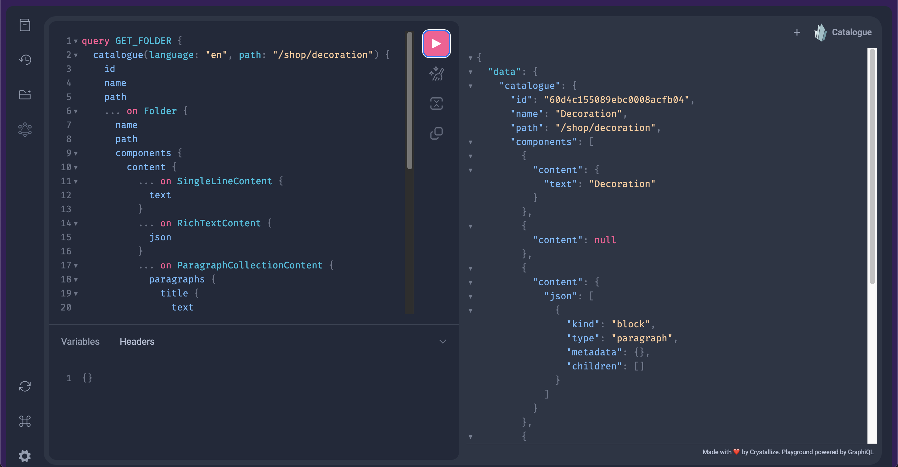 GraphQL playground query example Crystallize Catalogue API