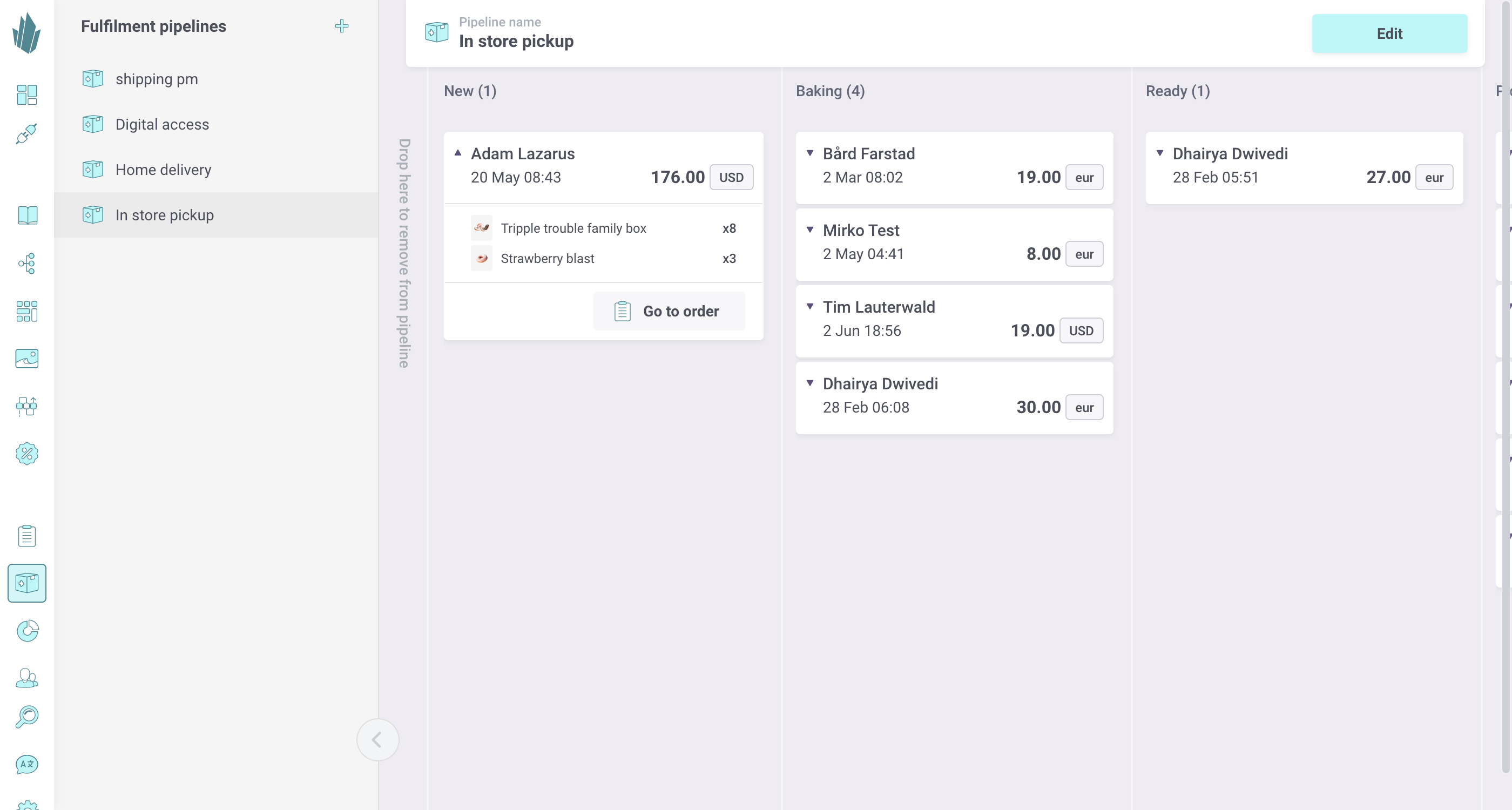 Fulfilment pipeline main screen