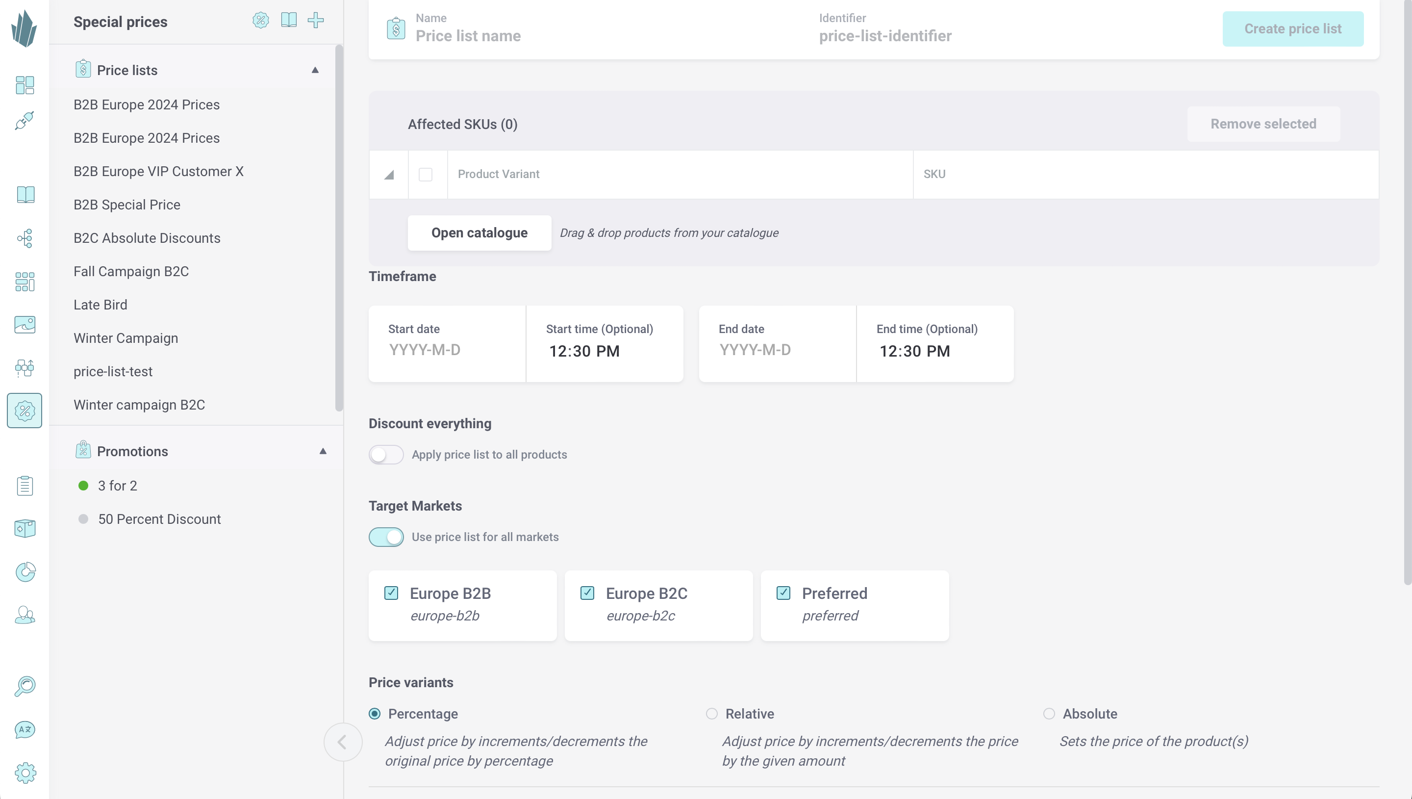 Defining a price list