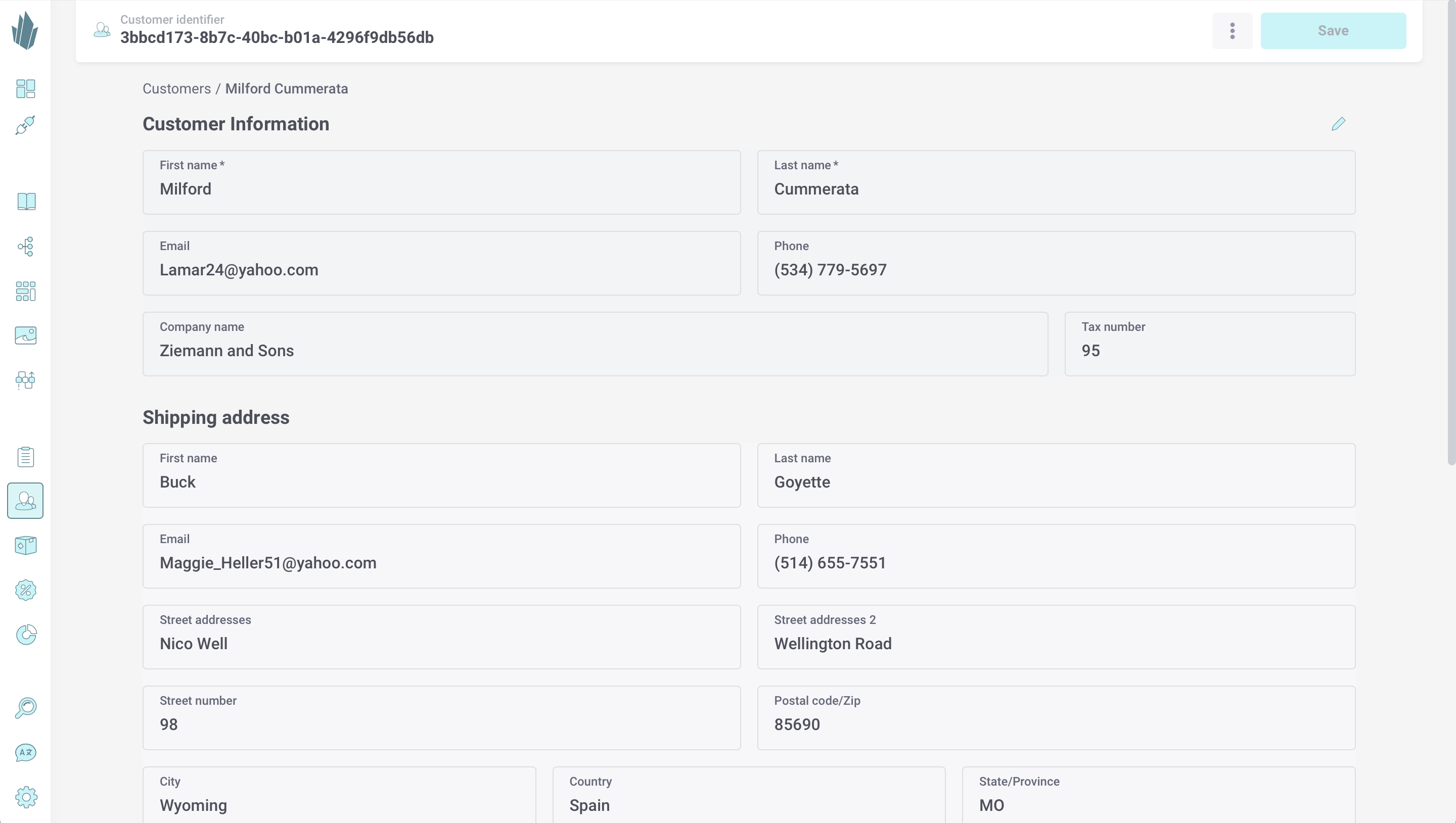 Customer information screen