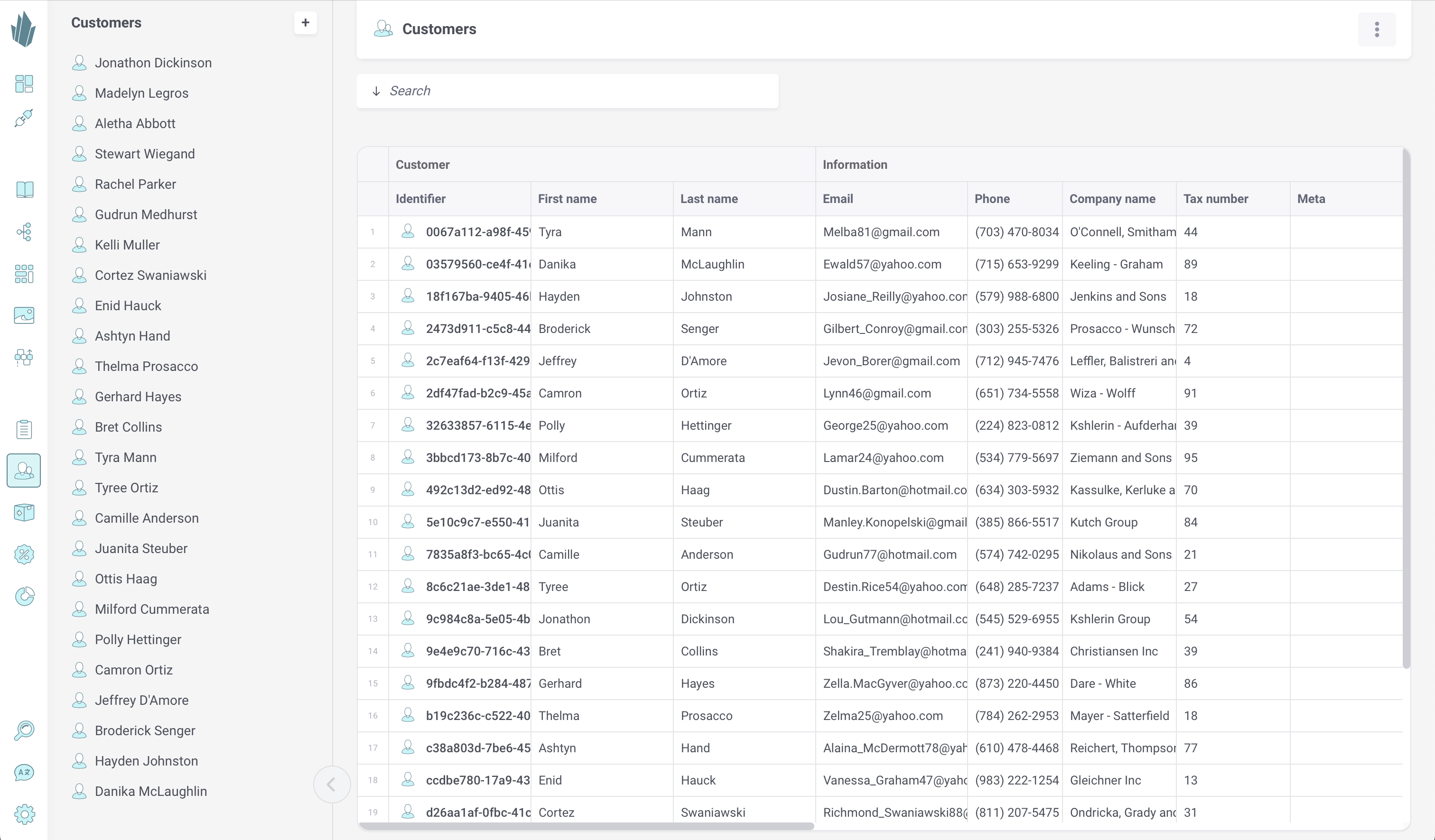 Customer main screen spreadsheet