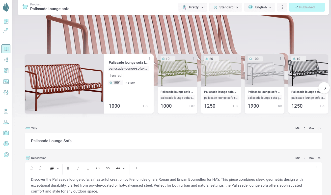 Product variants slider in pretty view