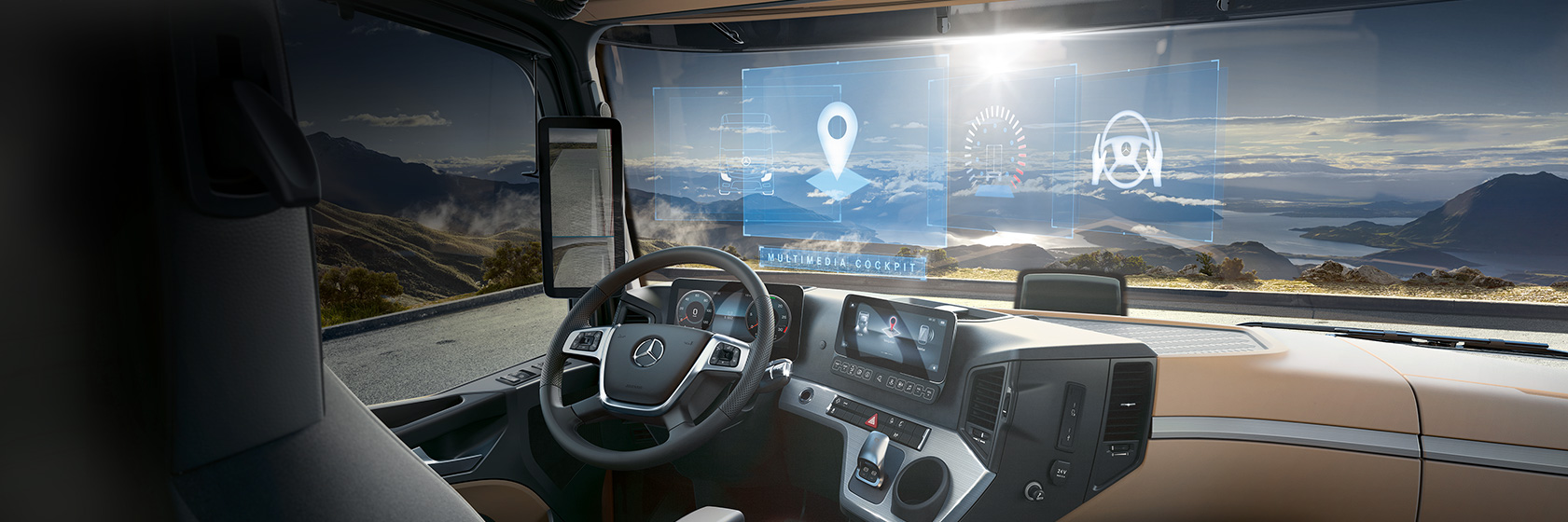 Innsiden av en Mercedes-Benz Actros skapbil