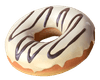 Donut with vanilla frosting and chocolate drizzle.