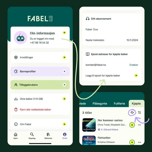 Slik legger du til flere e-poster og oppdaterer kjøpte-fanen i Fabel-appen