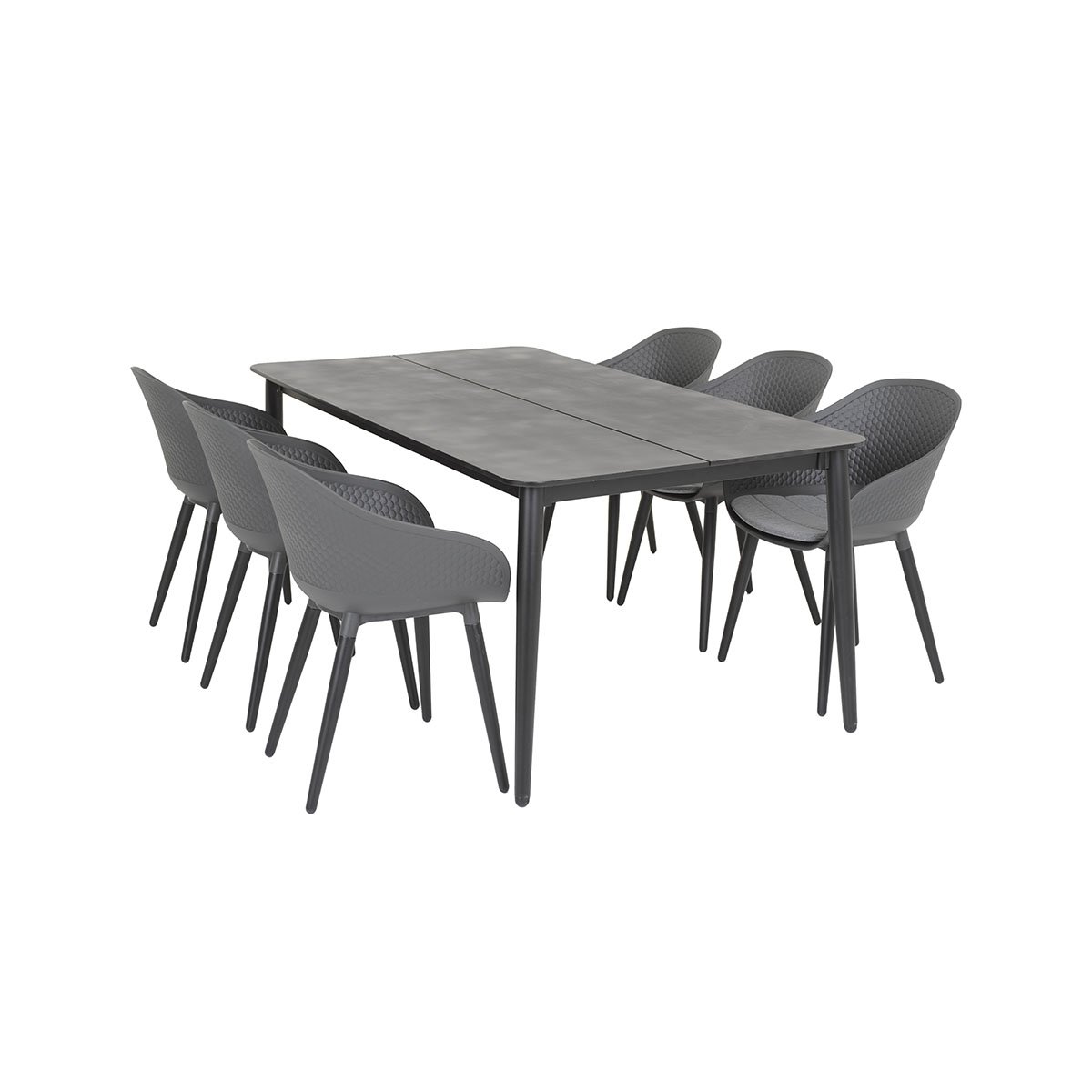 Spisestoler Pasa i grå og spisebord Formosa med hvit bakgrunnsbilde