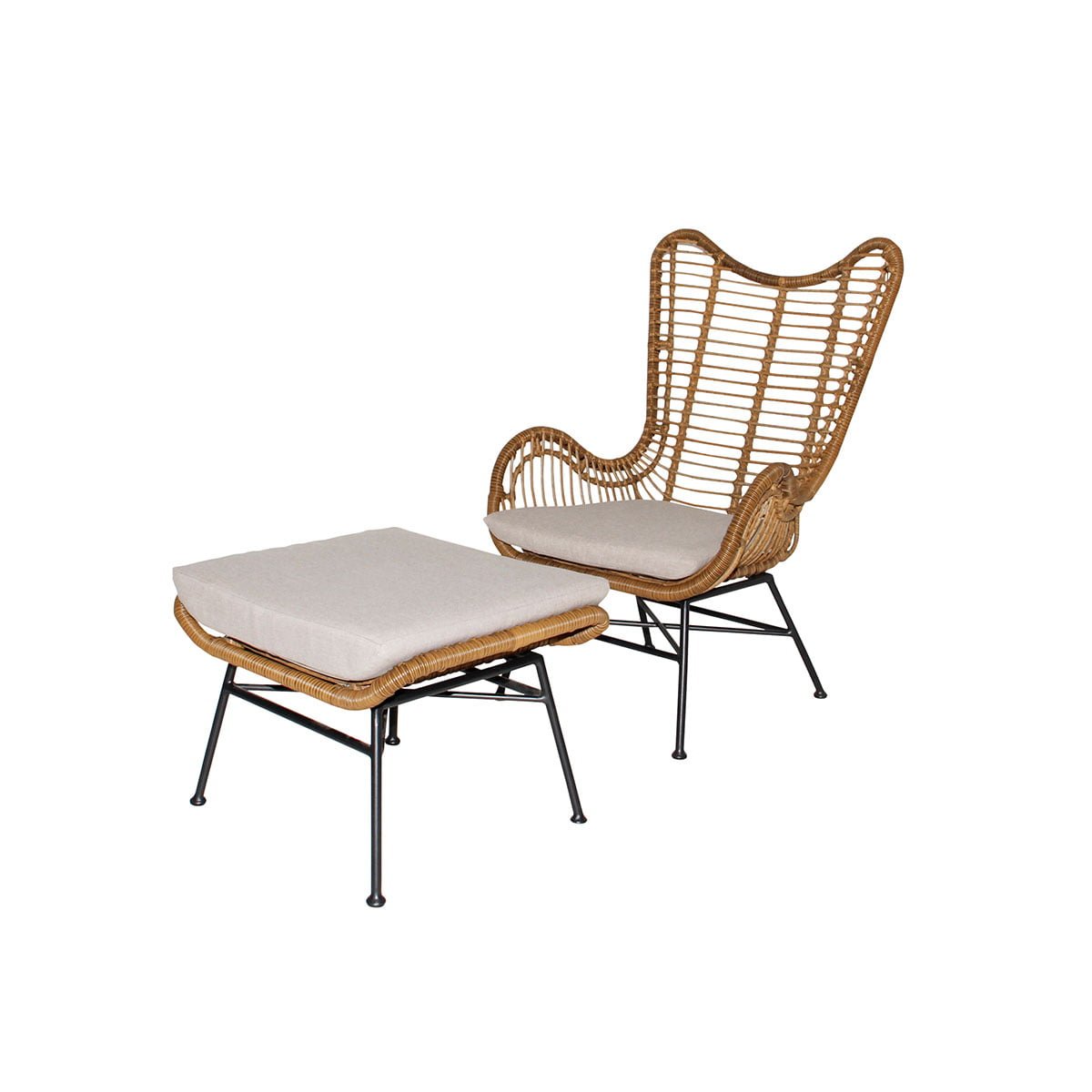 Romantisk hvilestol Rigel med fotpall i naturfarget kunstrotting