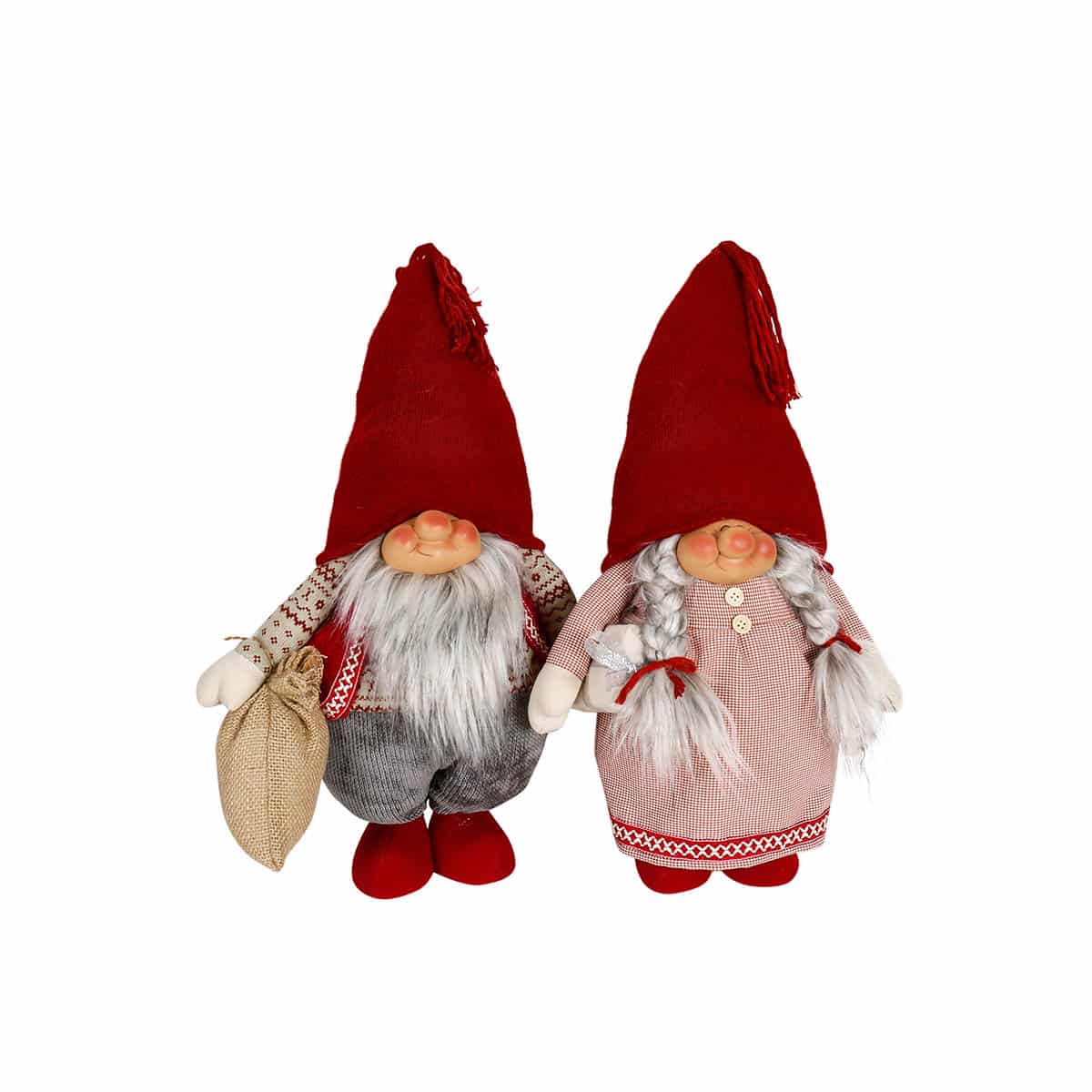 sofus og sofie Nissepar i klassiske julefarger og med lua godt dratt nedover ørene