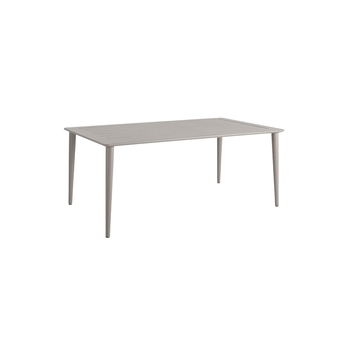 Spisebord i aluminium med pent ribbet bordplater og koniske runde ben.