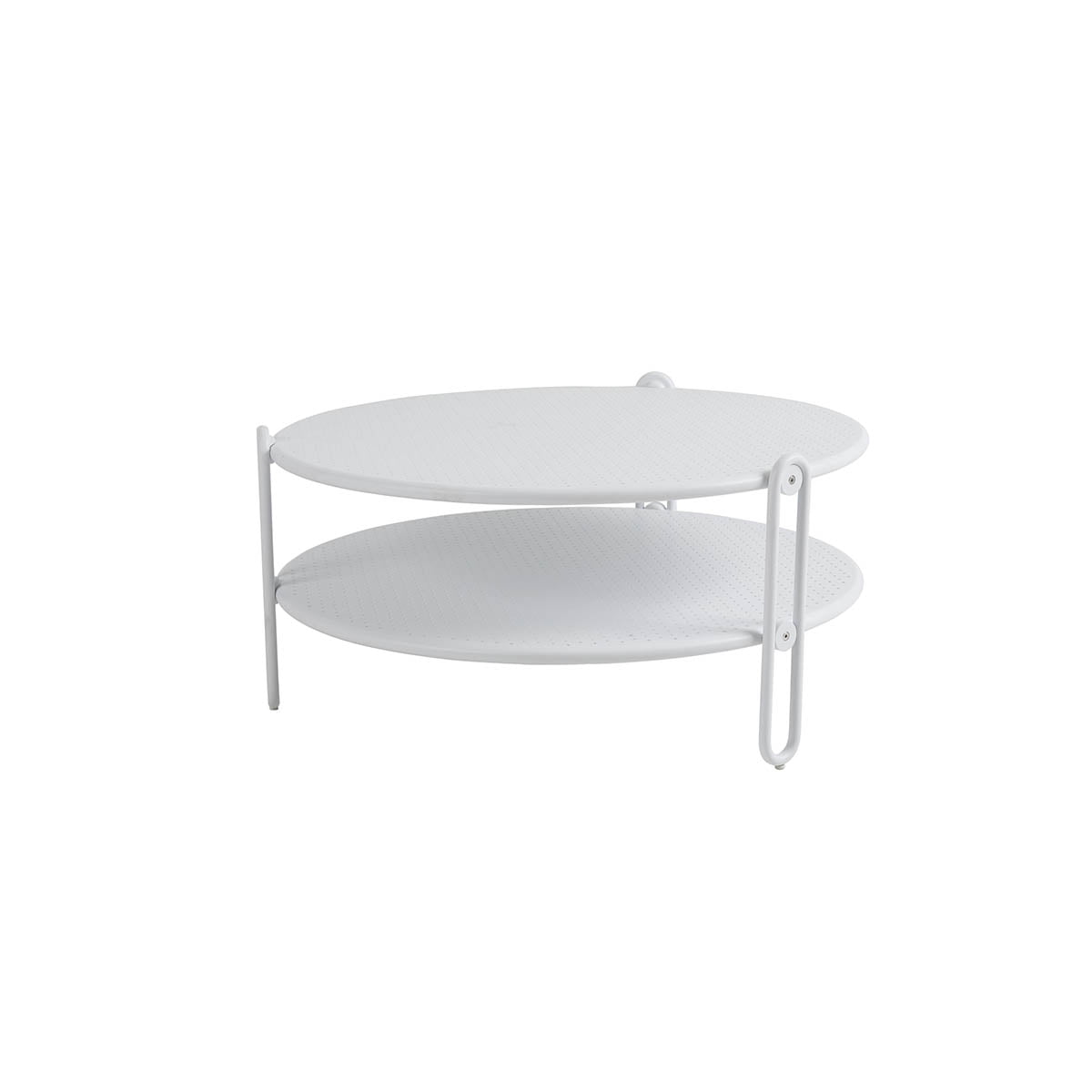 Blixt rundt bord i aluminium med diameter på 85 cm. Bordet har perforert bordplate, fine designdetaljer