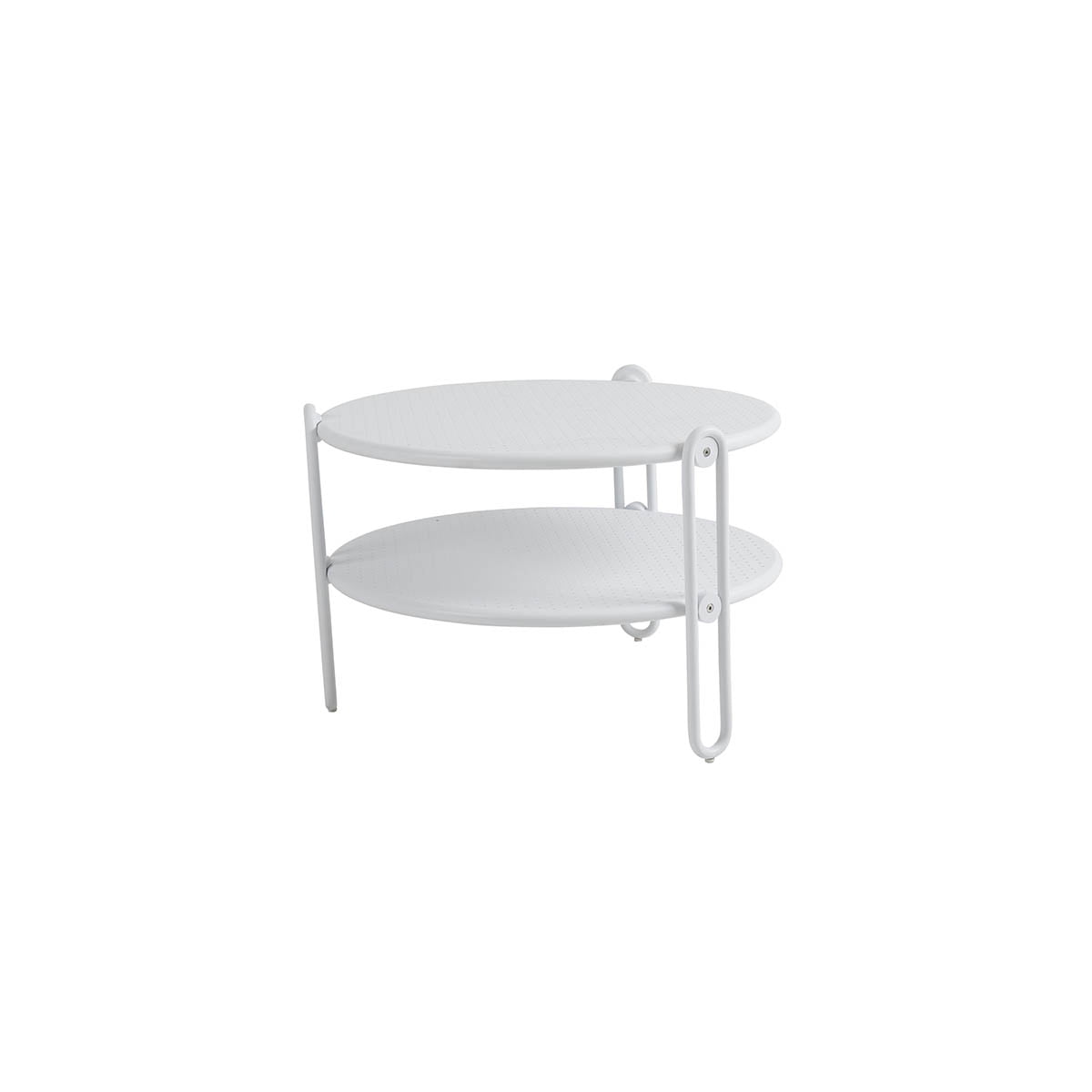 Blixt rundt bord i aluminium med diameter på 65 cm. Bordet har perforert bordplate, fine designdetaljer