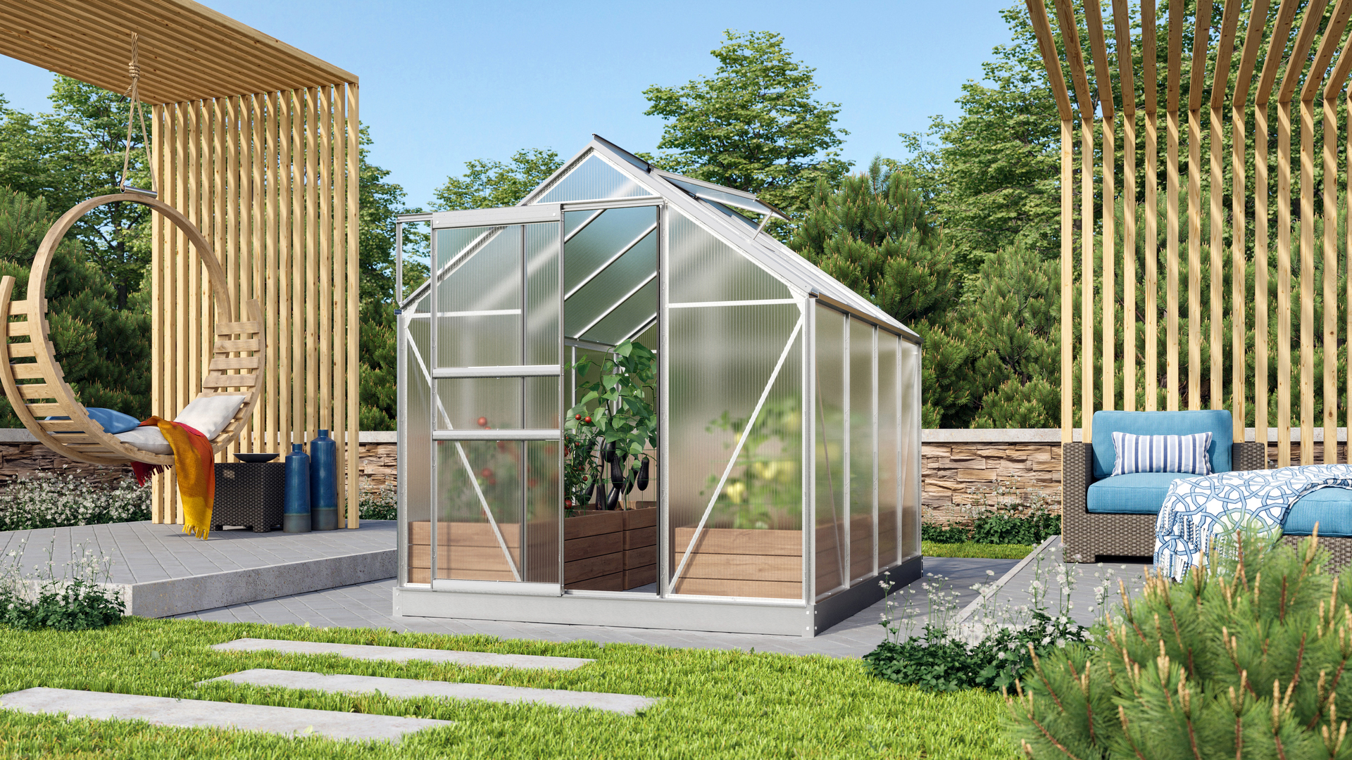 Drivhus i aluminium og polykarbonat til hagen
