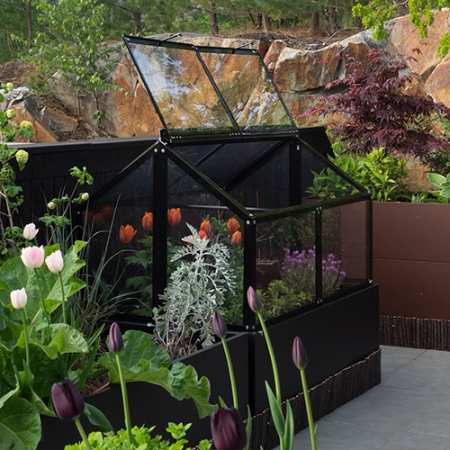 Gaia premium drivhus til pallekarm i sort aluminium og pleksiglass sett fra kortsiden.