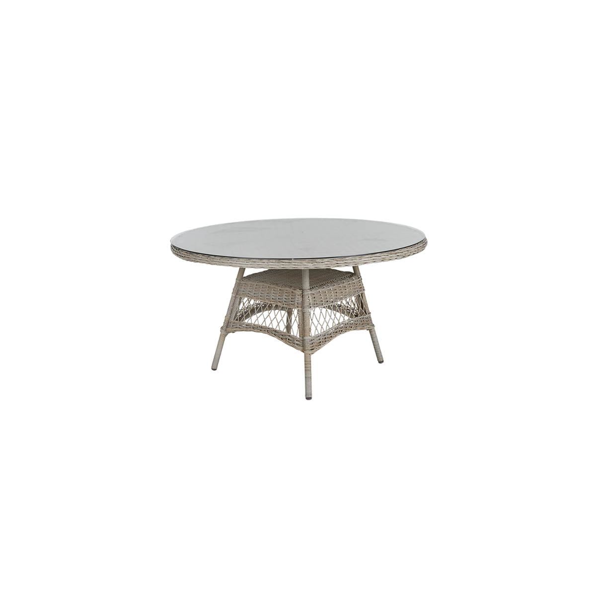 Hagebord i naturfarget kunstrotting med glassplate. Diameter 130 cm.