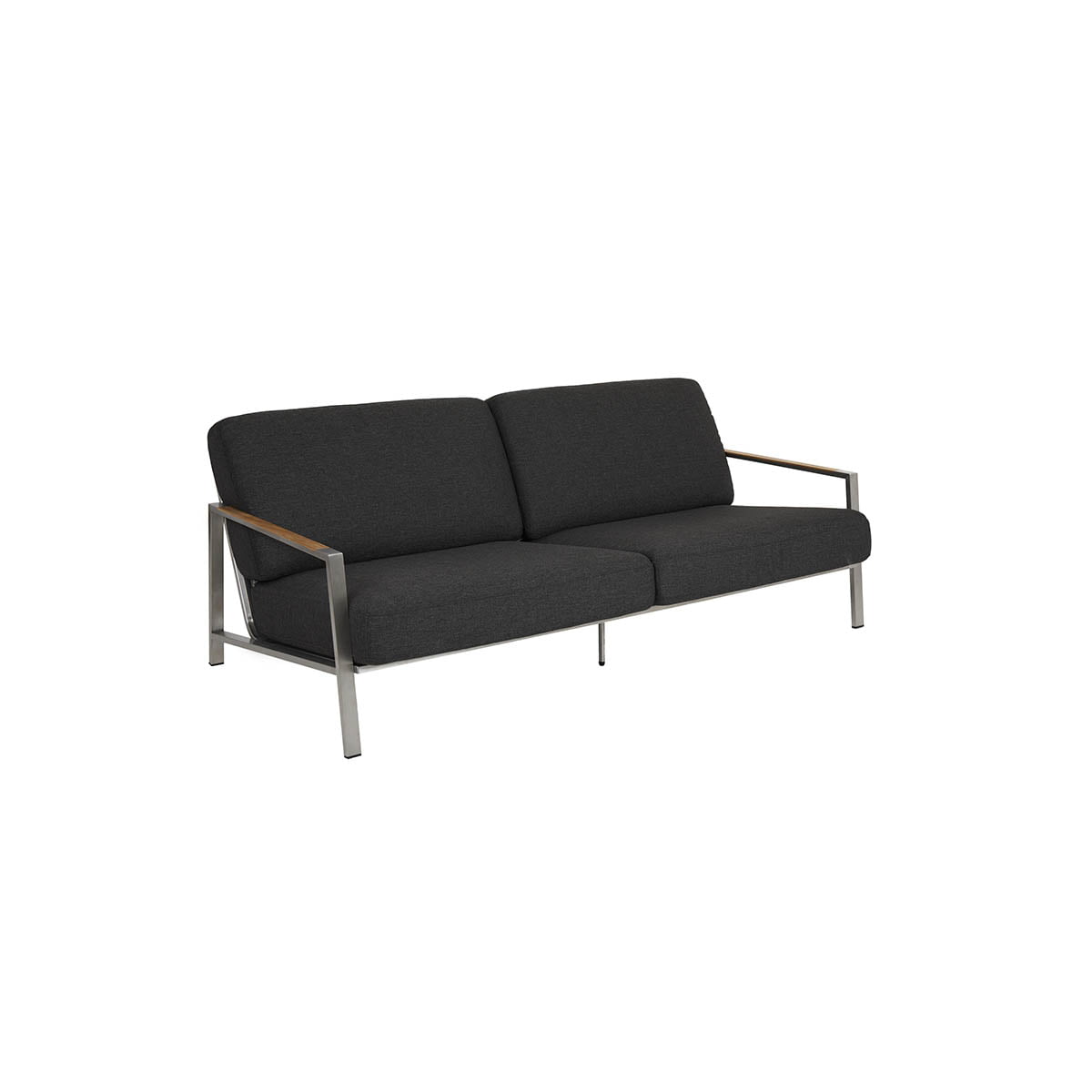 Sofa i rustfritt stål med teakdetaljer. Nydelig sittekomfort med puter i av skum