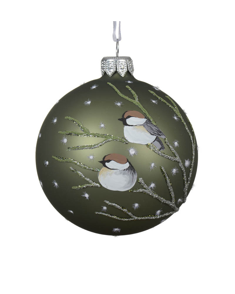 Grønn julekule med dompap