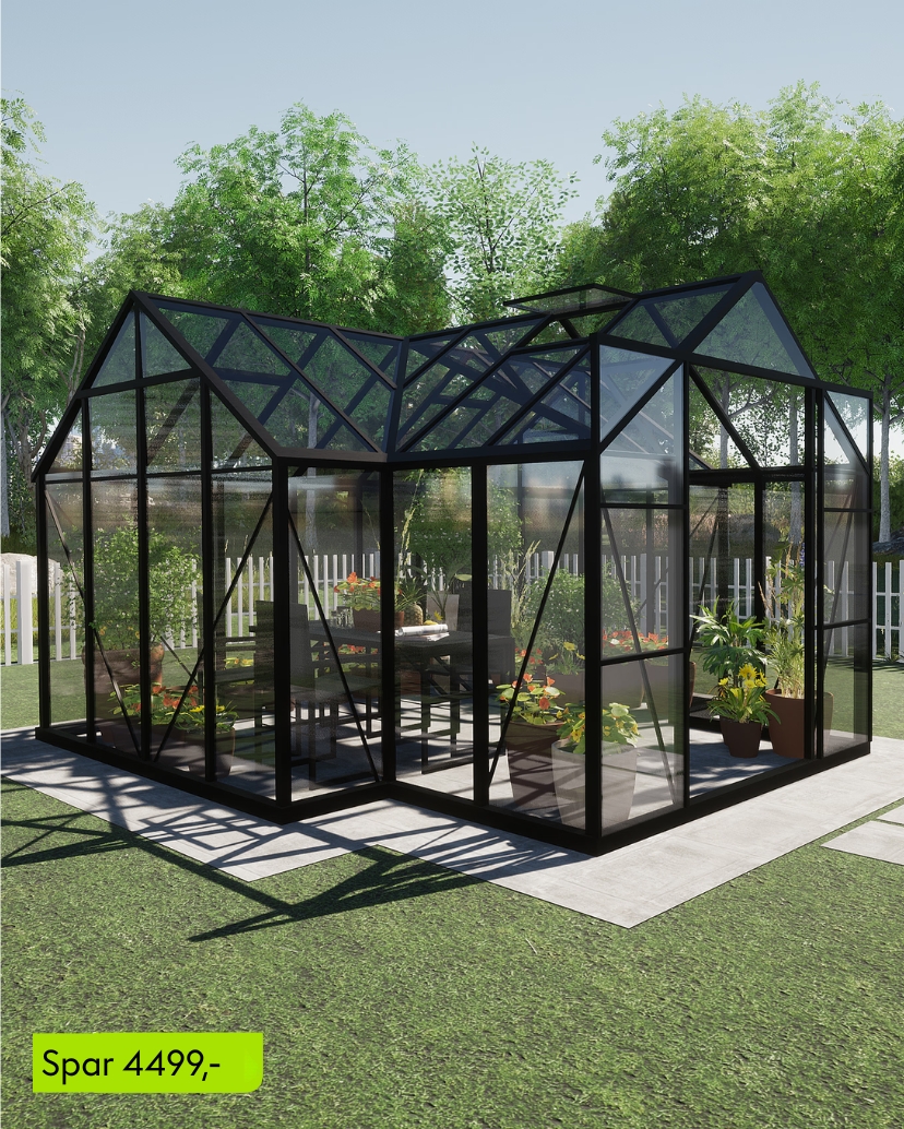 Drivhus Sirius. Svartlakkert, 13m2 - 3mm herdet