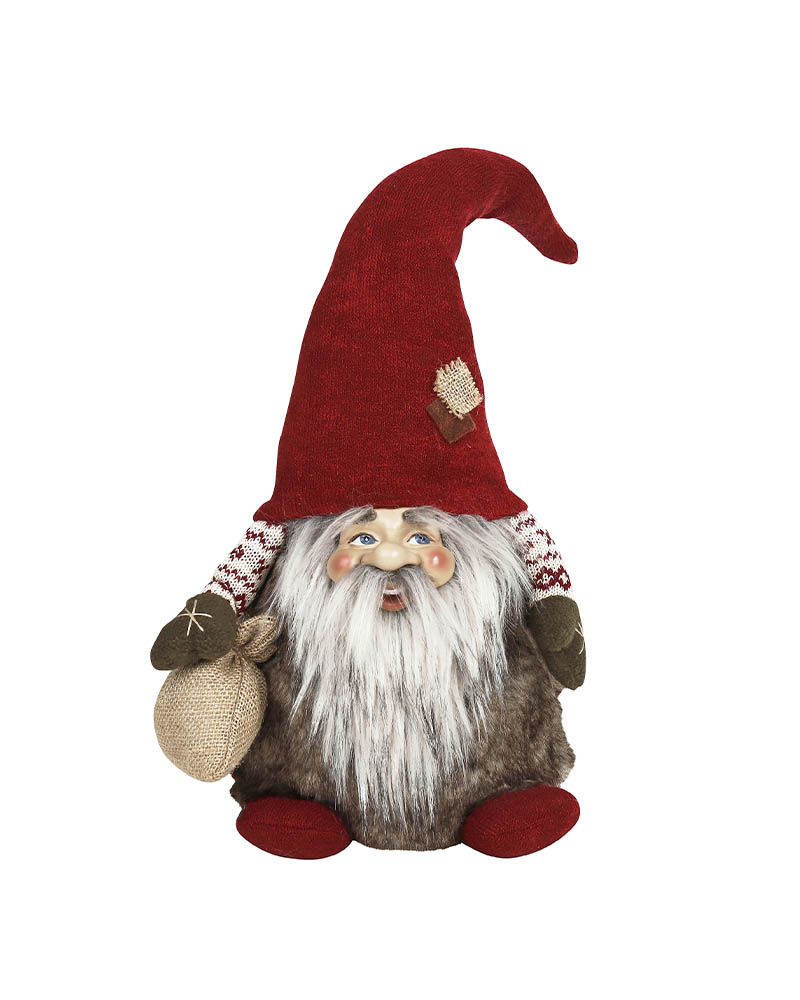 stor julenisse med skjegg og rød nisselue